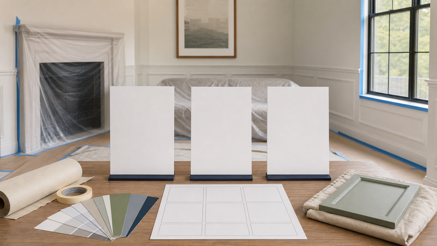 Generic homeowner comparing interior painting contractor service plans and room scopes