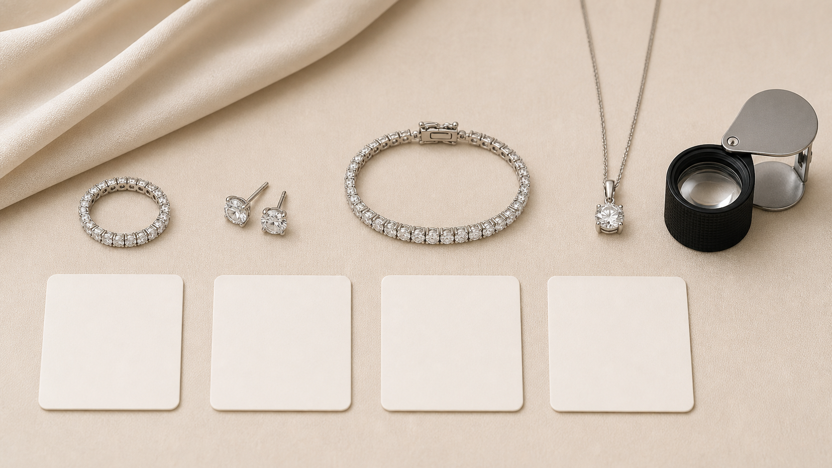 Generic diamond jewelry categories beside a comparison card and jeweler loupe