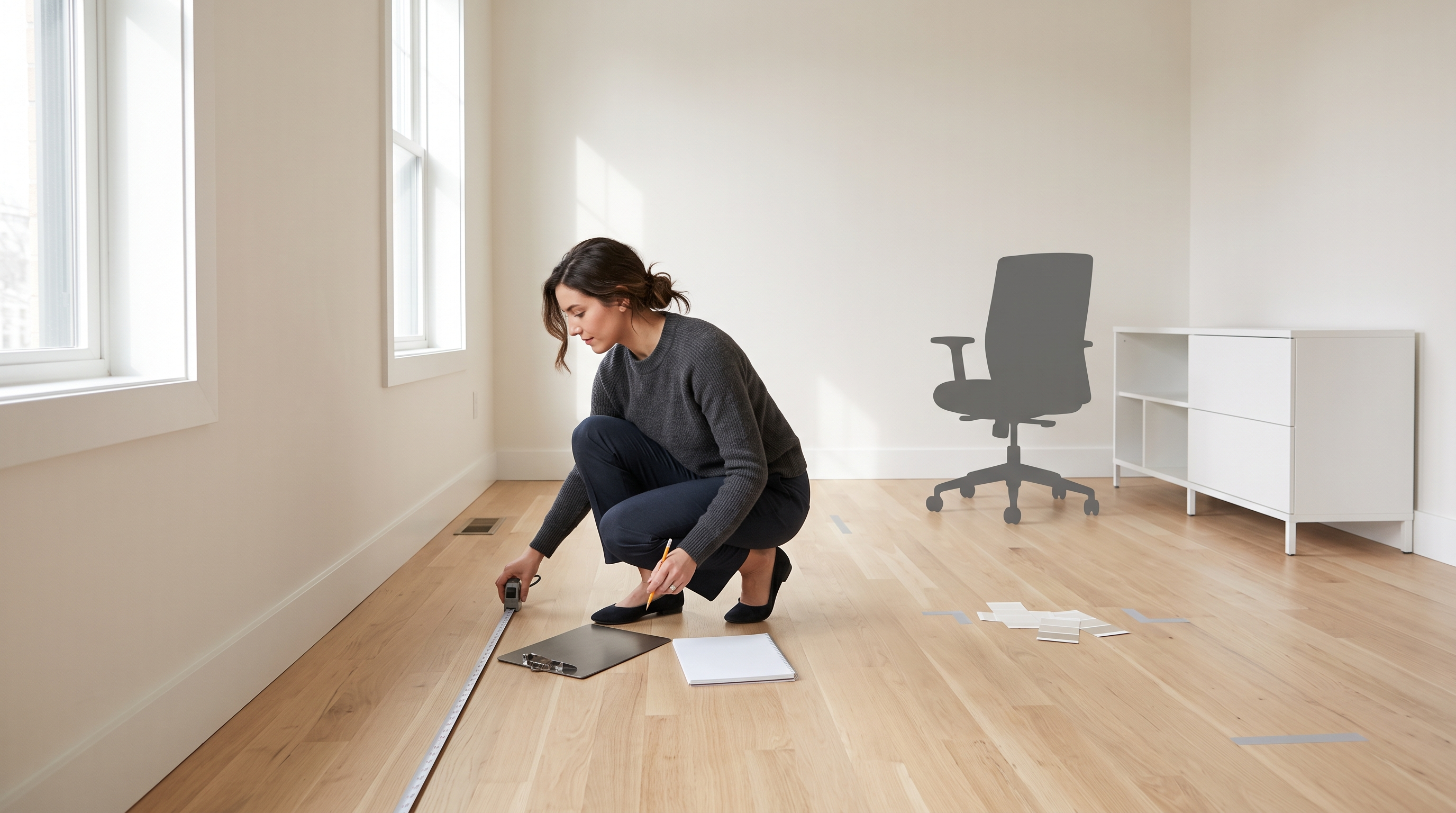 Generic measured home office with desk chair storage and task zones