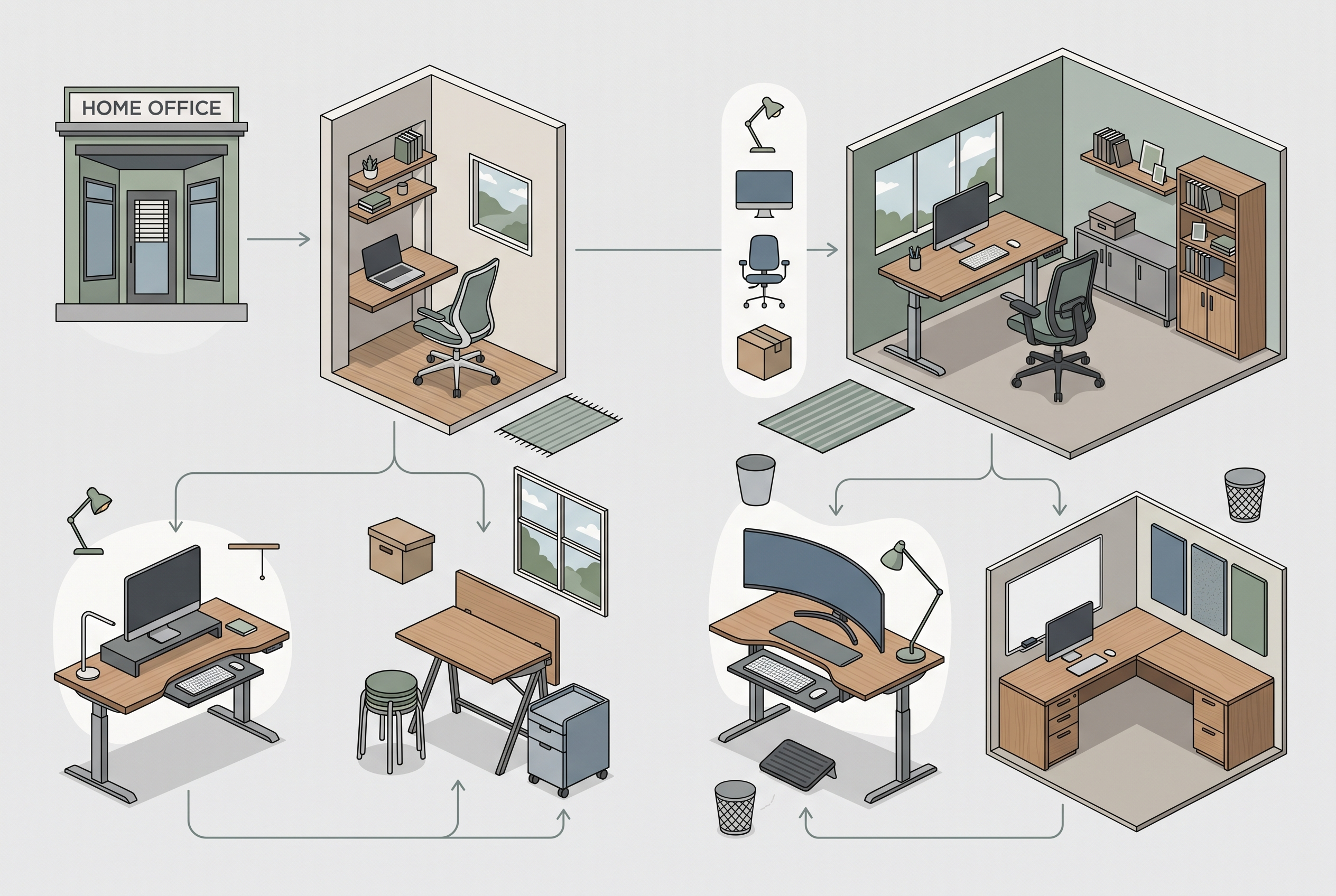 Home office decision diagram linking tasks chair desk screen storage and lighting