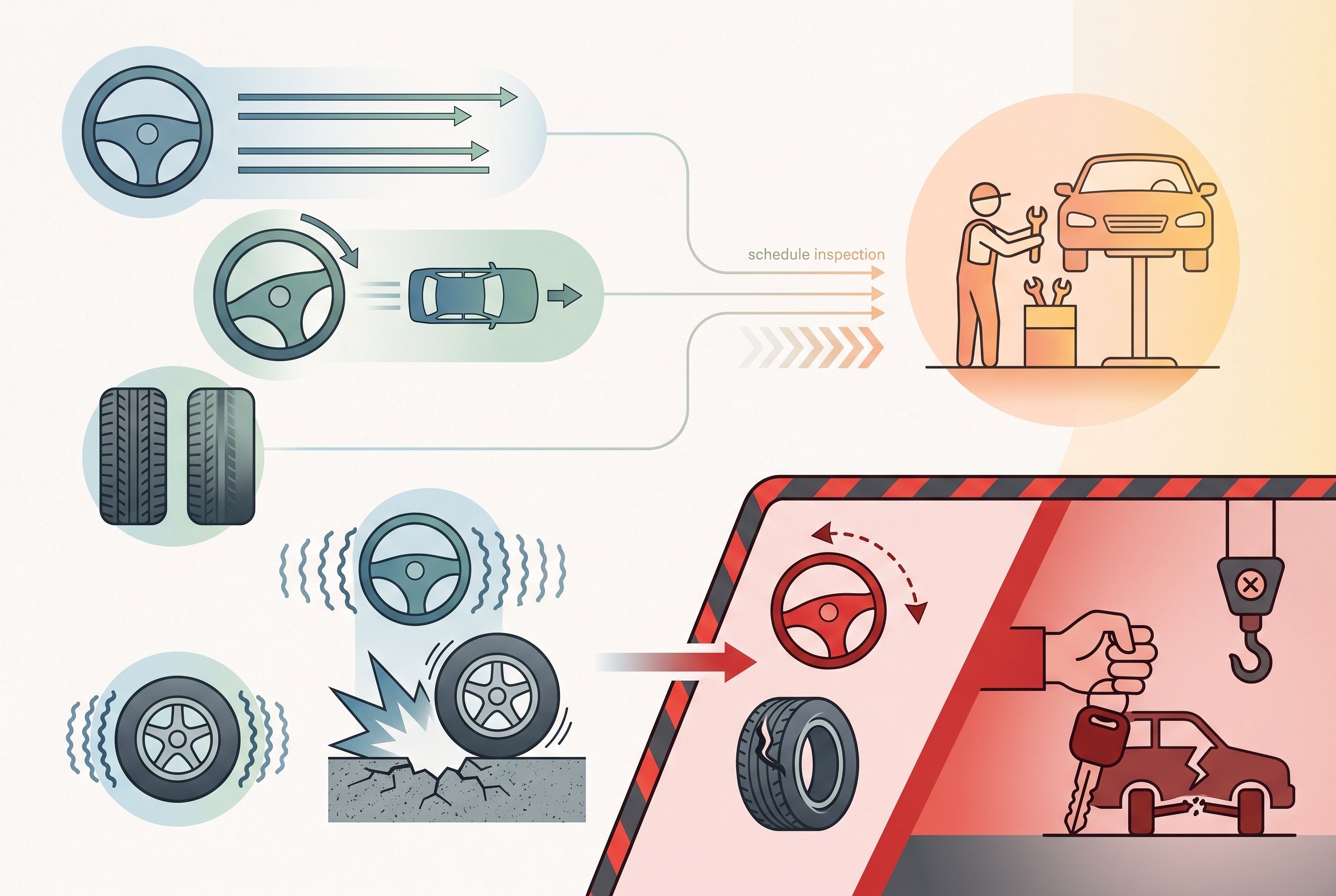 Wheel alignment symptom triage for steering pull uneven wear vibration and impact damage