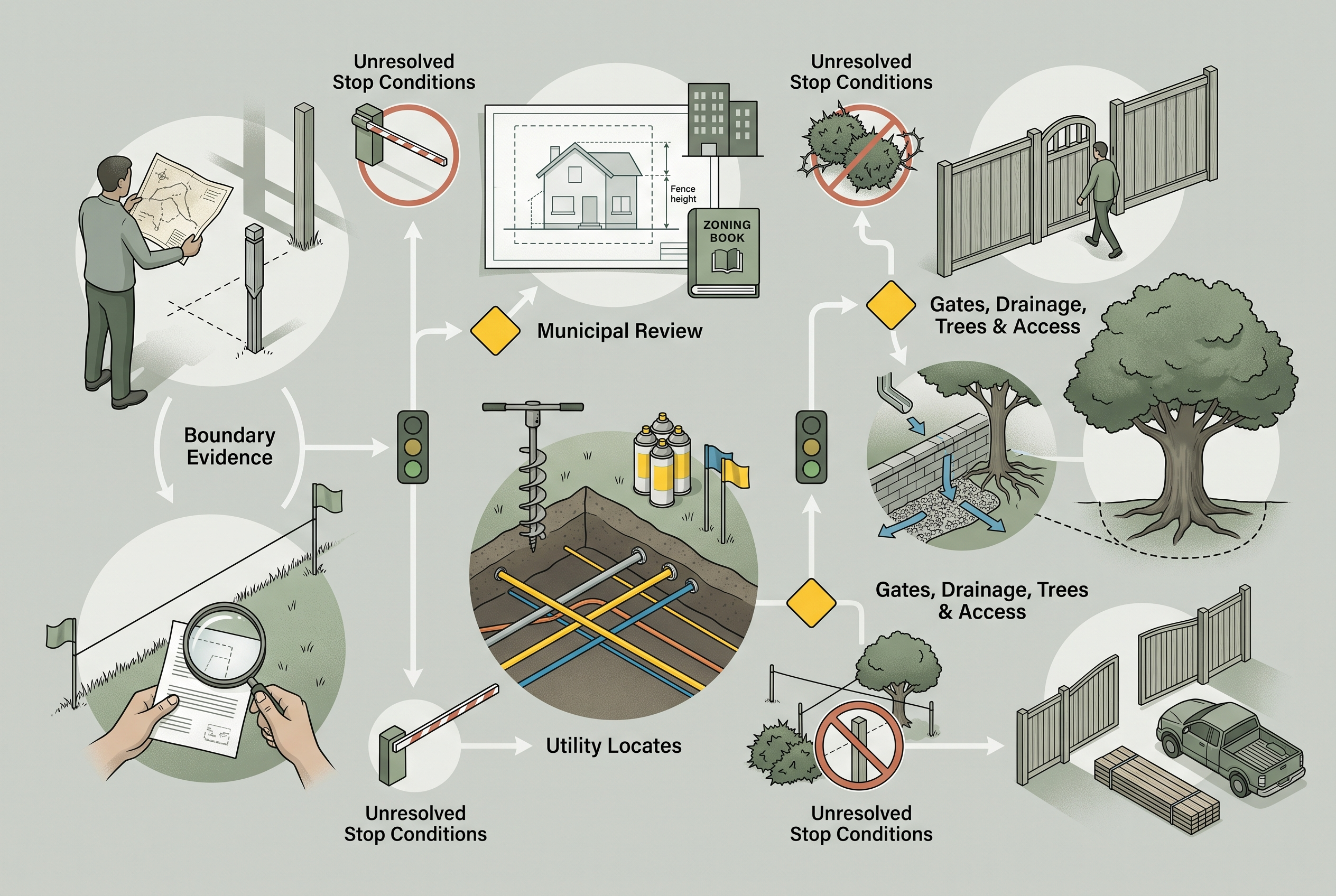 Privacy fence planning diagram showing boundary utilities gates drainage trees access and stop conditions