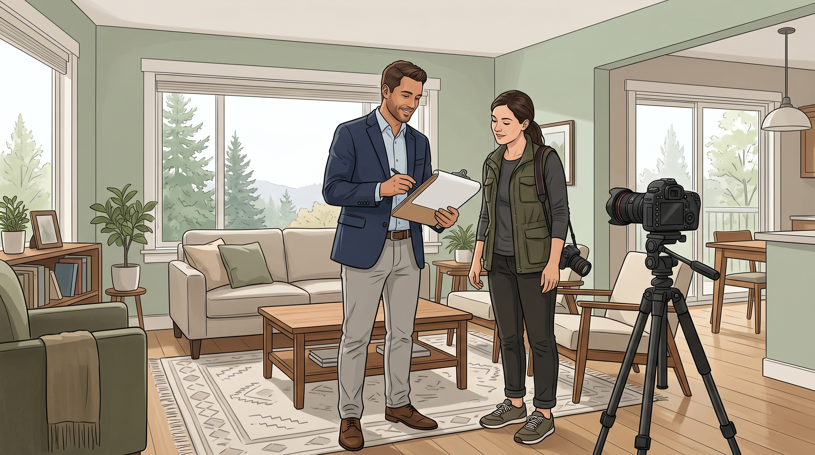 Agent and photographer reviewing a real estate listing photo checklist