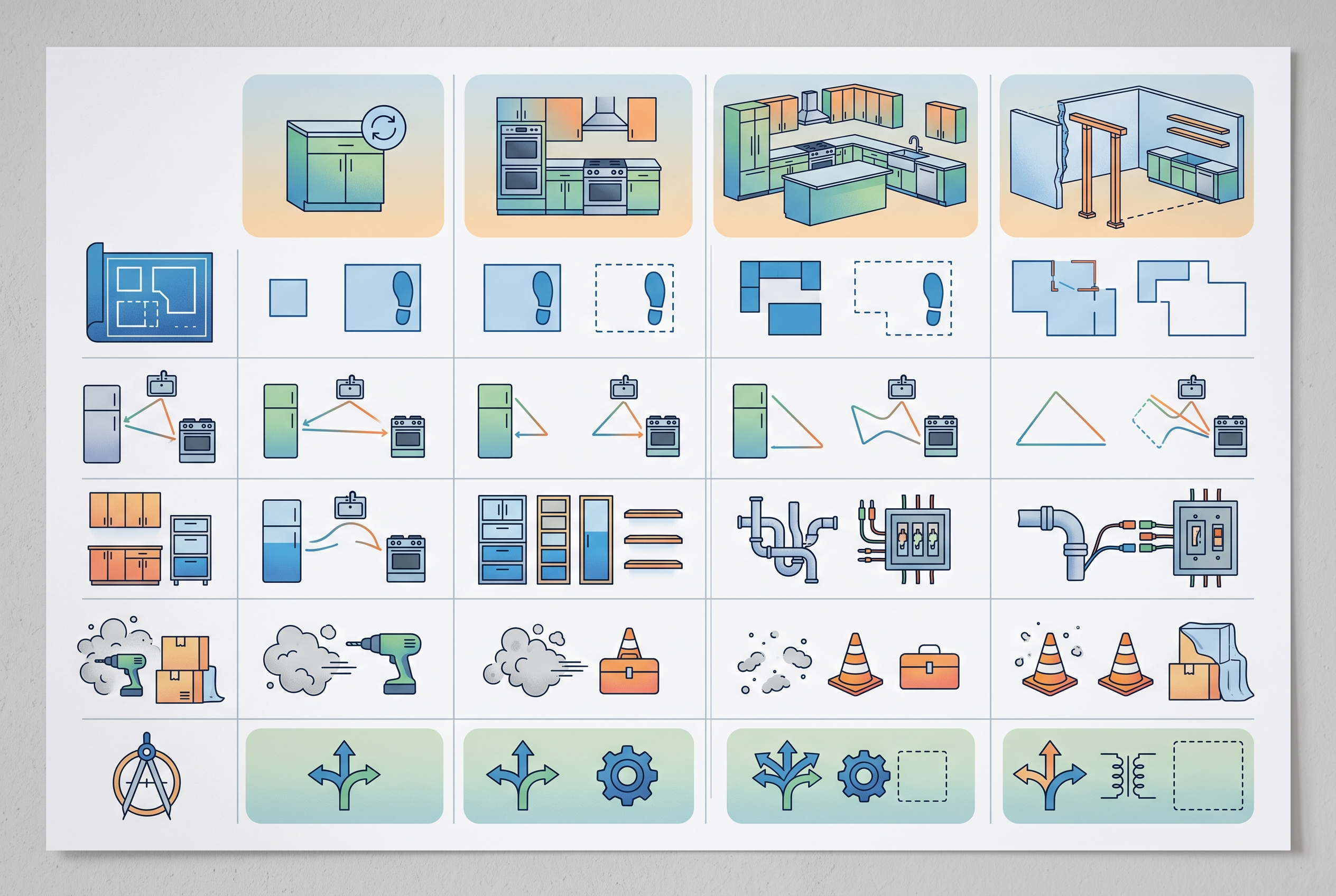 Kitchen renovation decision matrix comparing layout systems disruption and flexibility