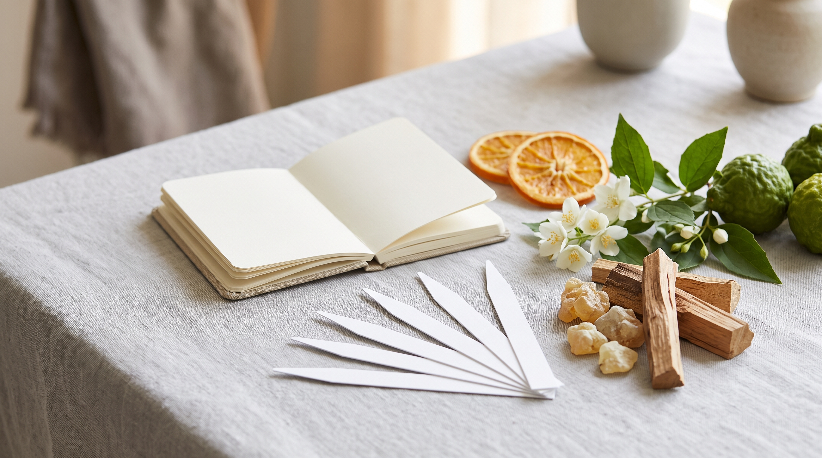 Perfume blotters and scent cues arranged for comparison