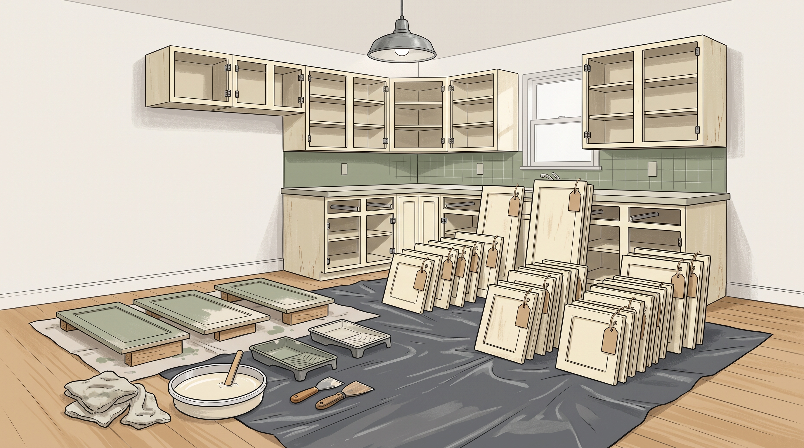 Kitchen cupboards prepared for painting while the existing layout remains