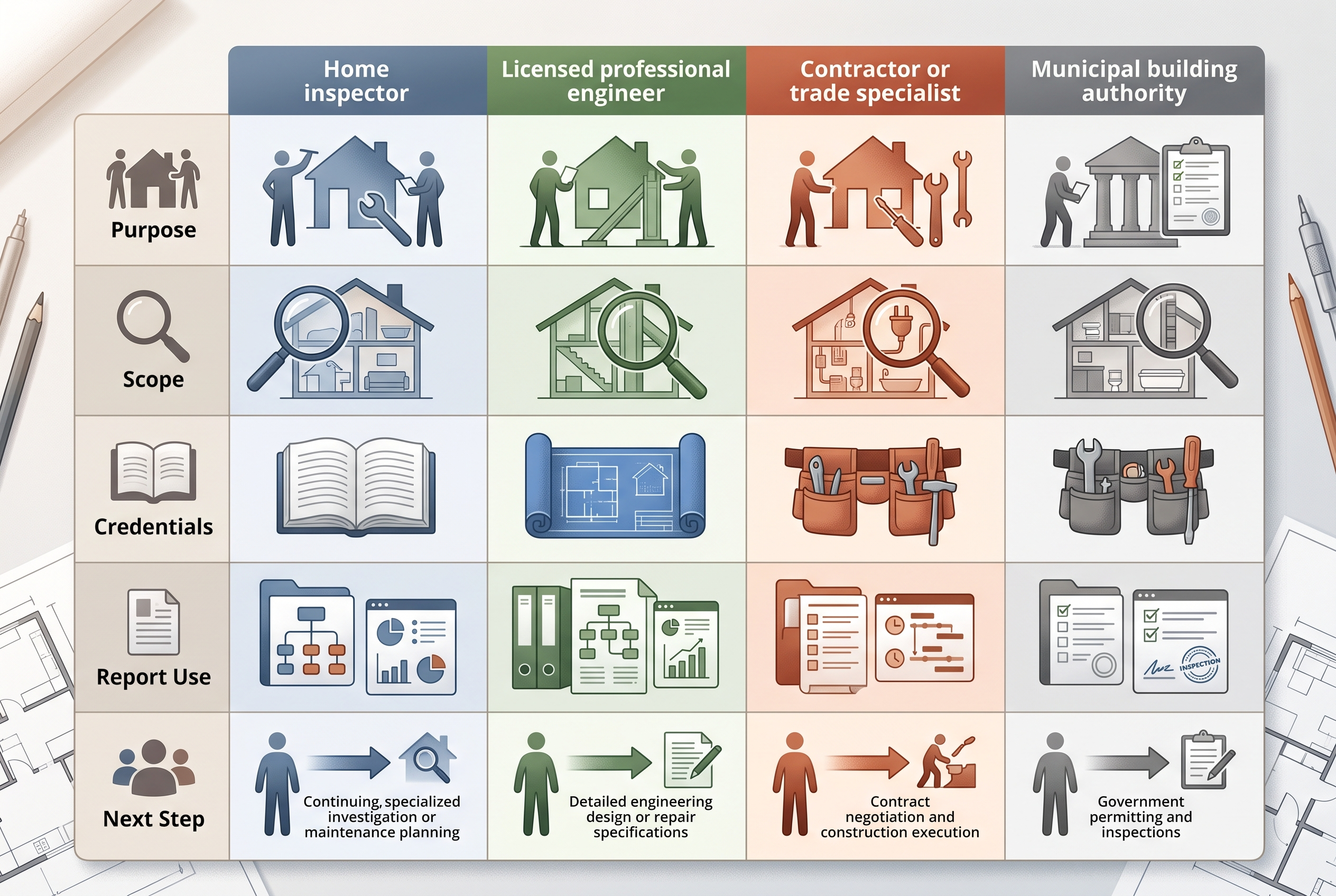 Structural concern decision matrix comparing inspector engineer contractor and municipality