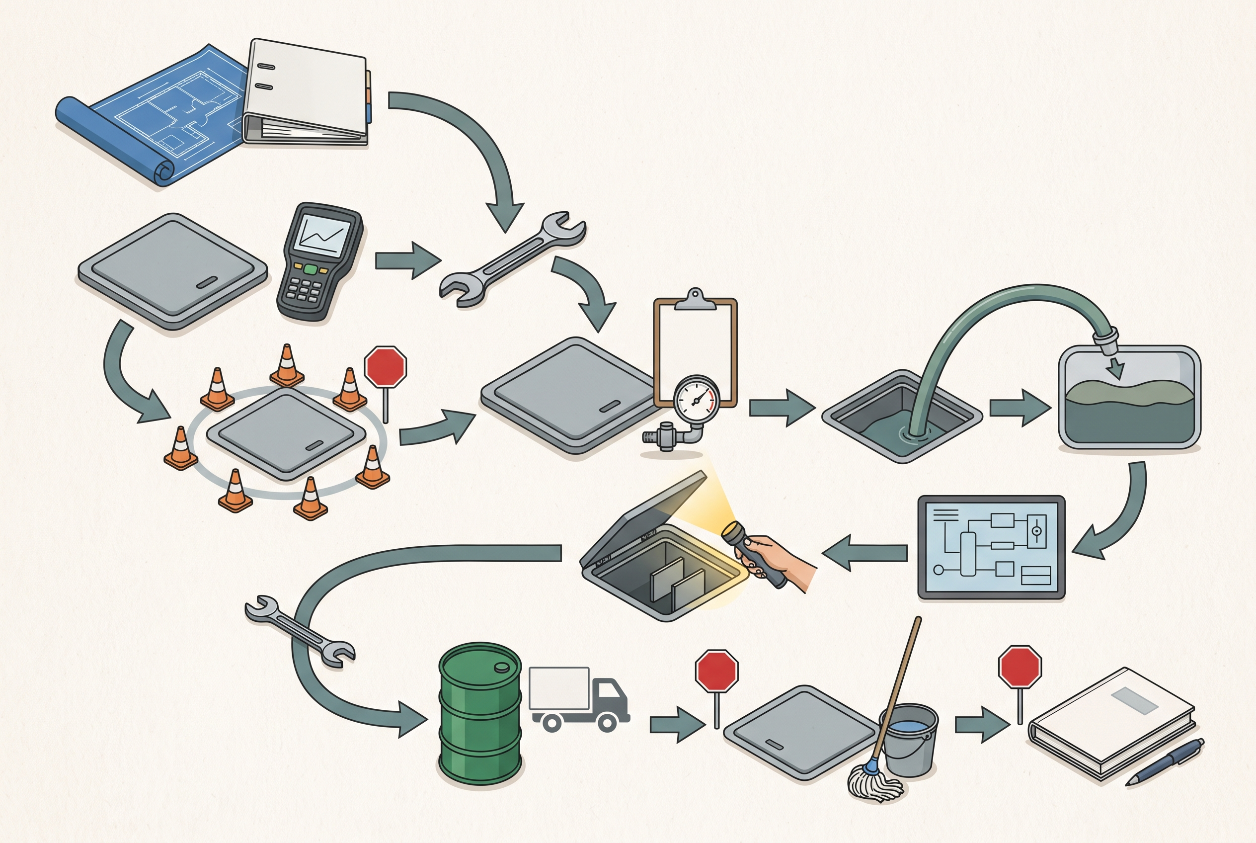 Grease interceptor pumping process checklist with safety and documentation gates