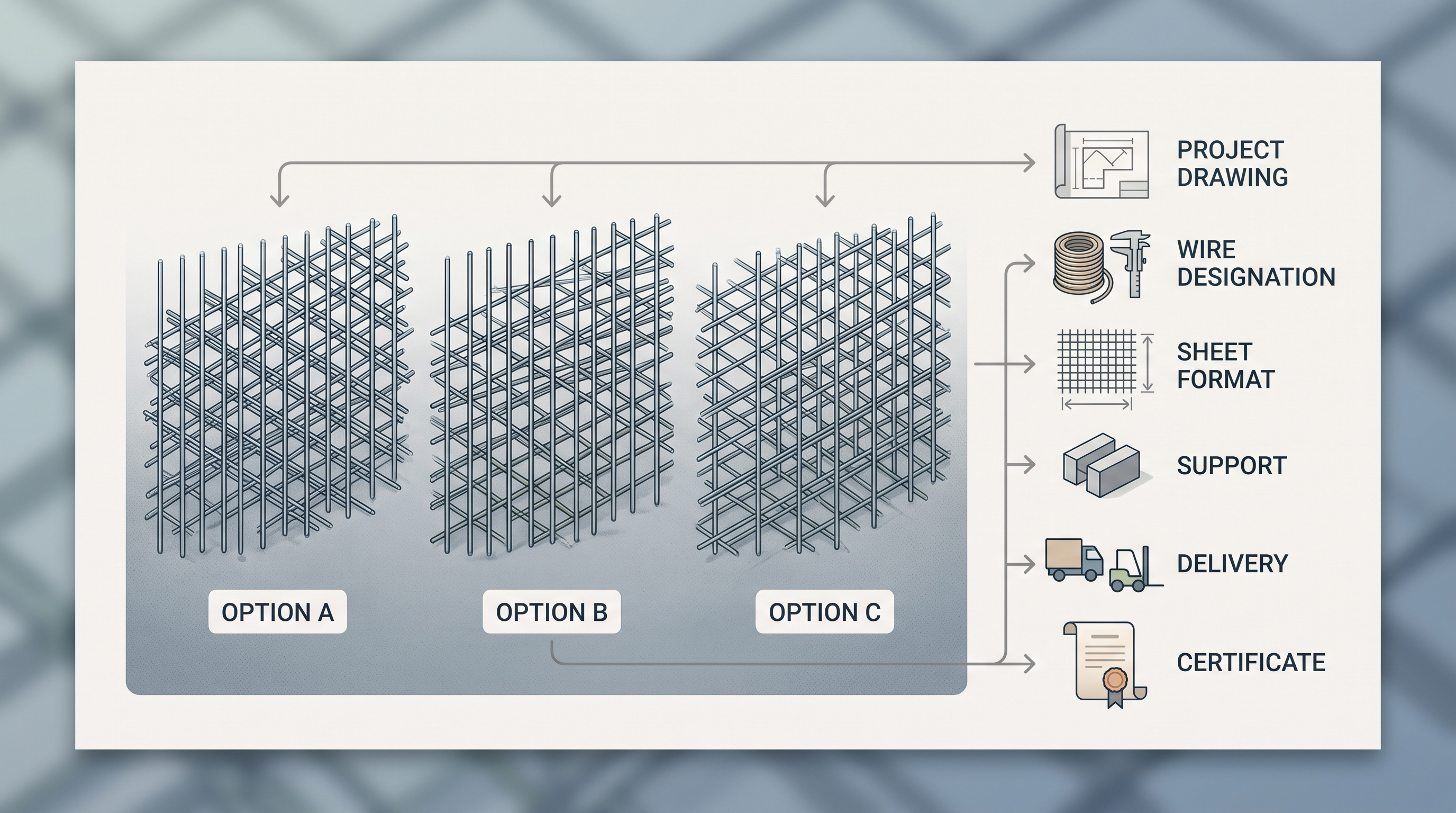 Three generic welded reinforcement mesh sheets compared by drawing designation material documentation and placement needs