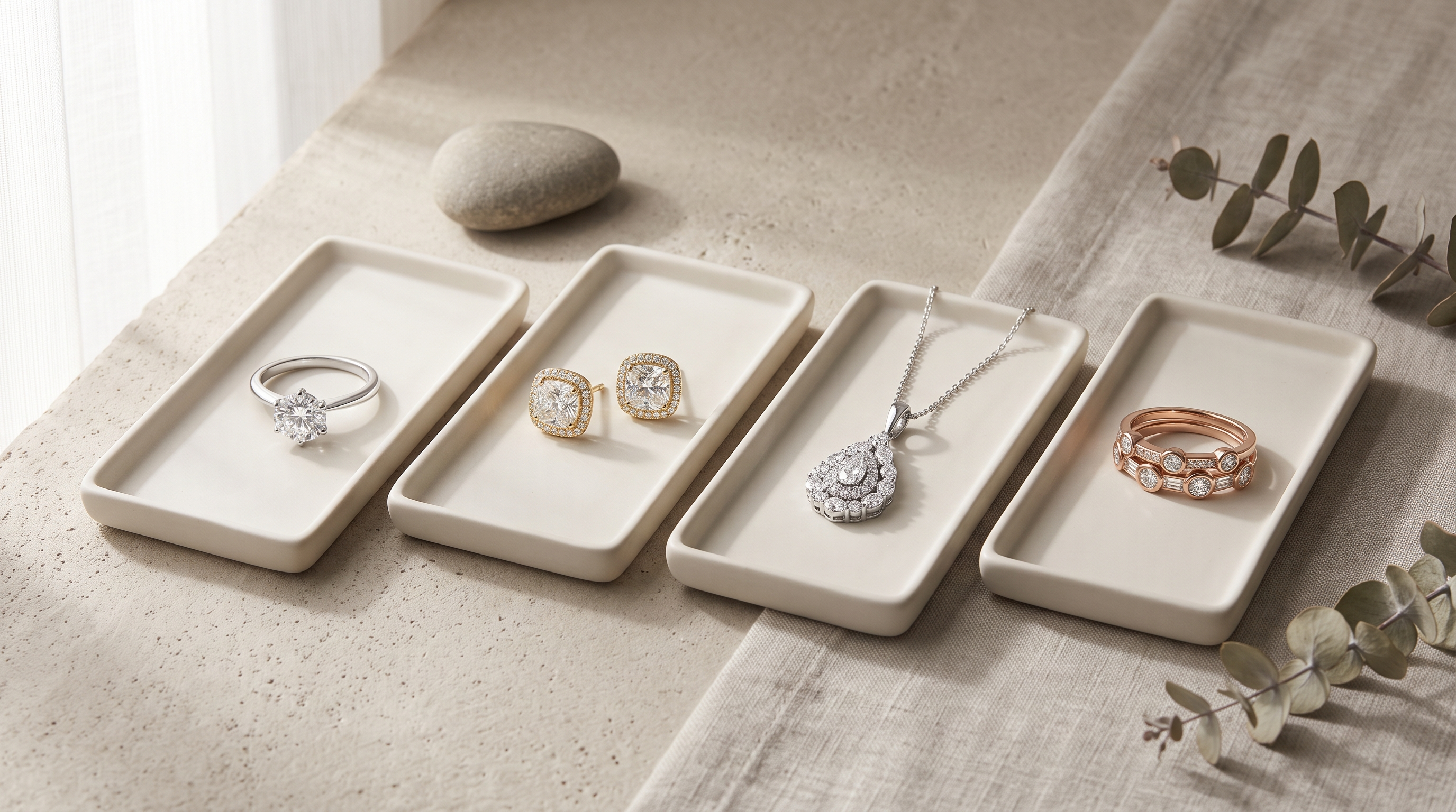 Four generic luxury diamond jewelry approaches arranged for a criteria based comparison