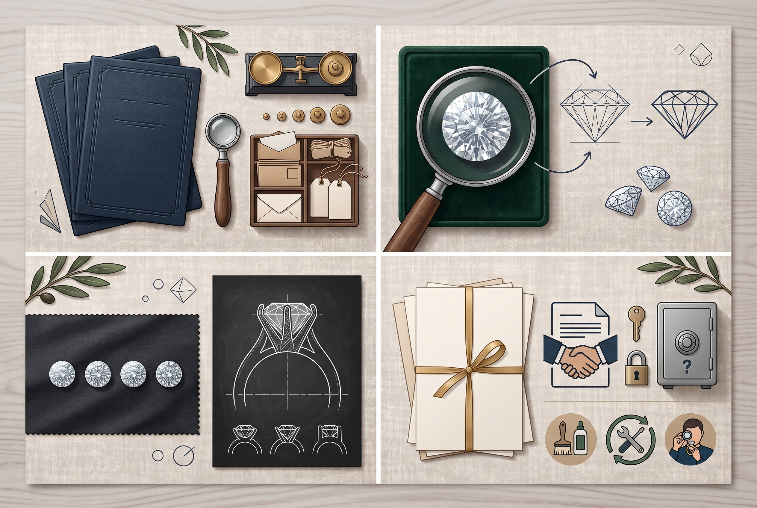 Luxury diamond comparison board covering documentation design setting service and inspection