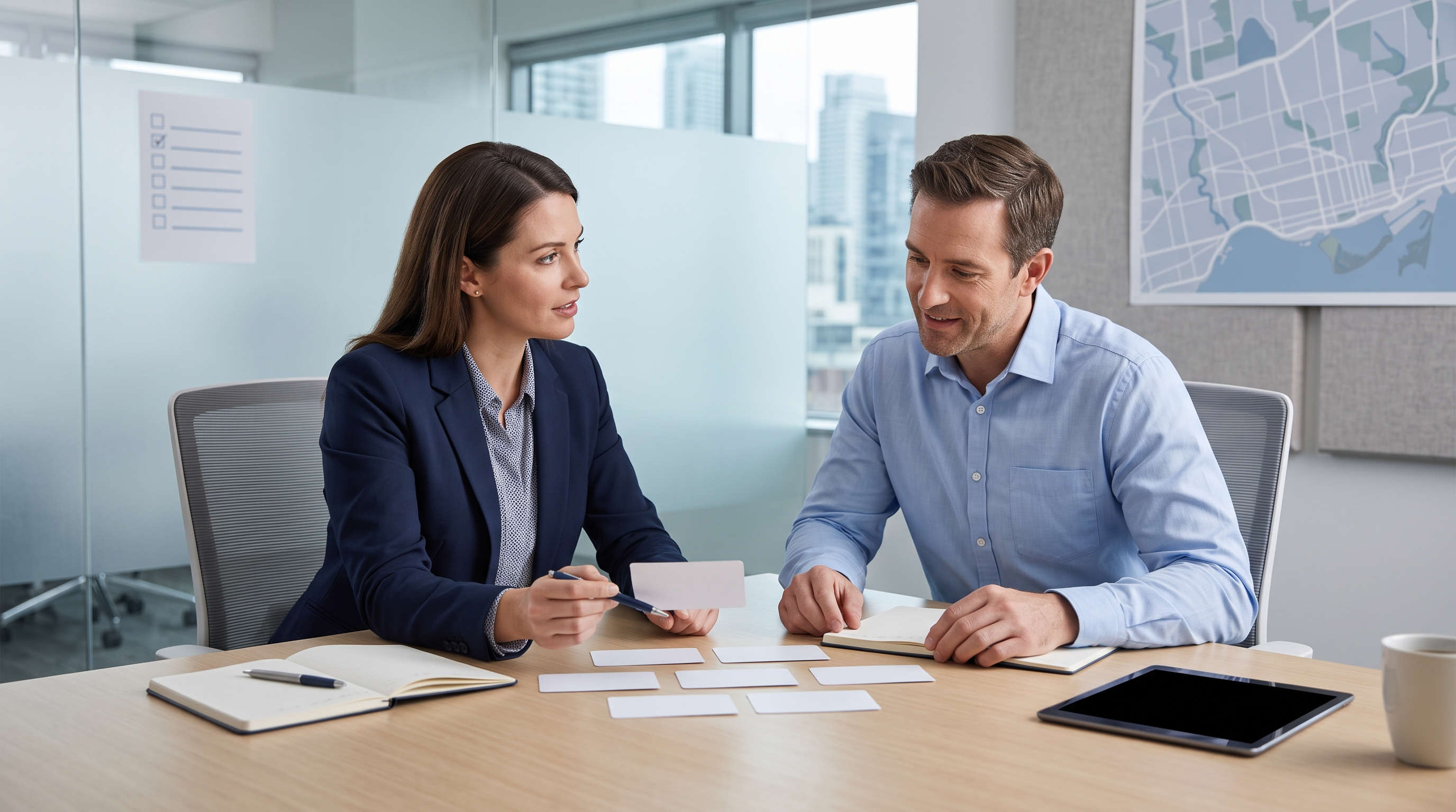 Generic Toronto insurance discussion with an advisor comparing policy features beside an unbranded city map and checklist