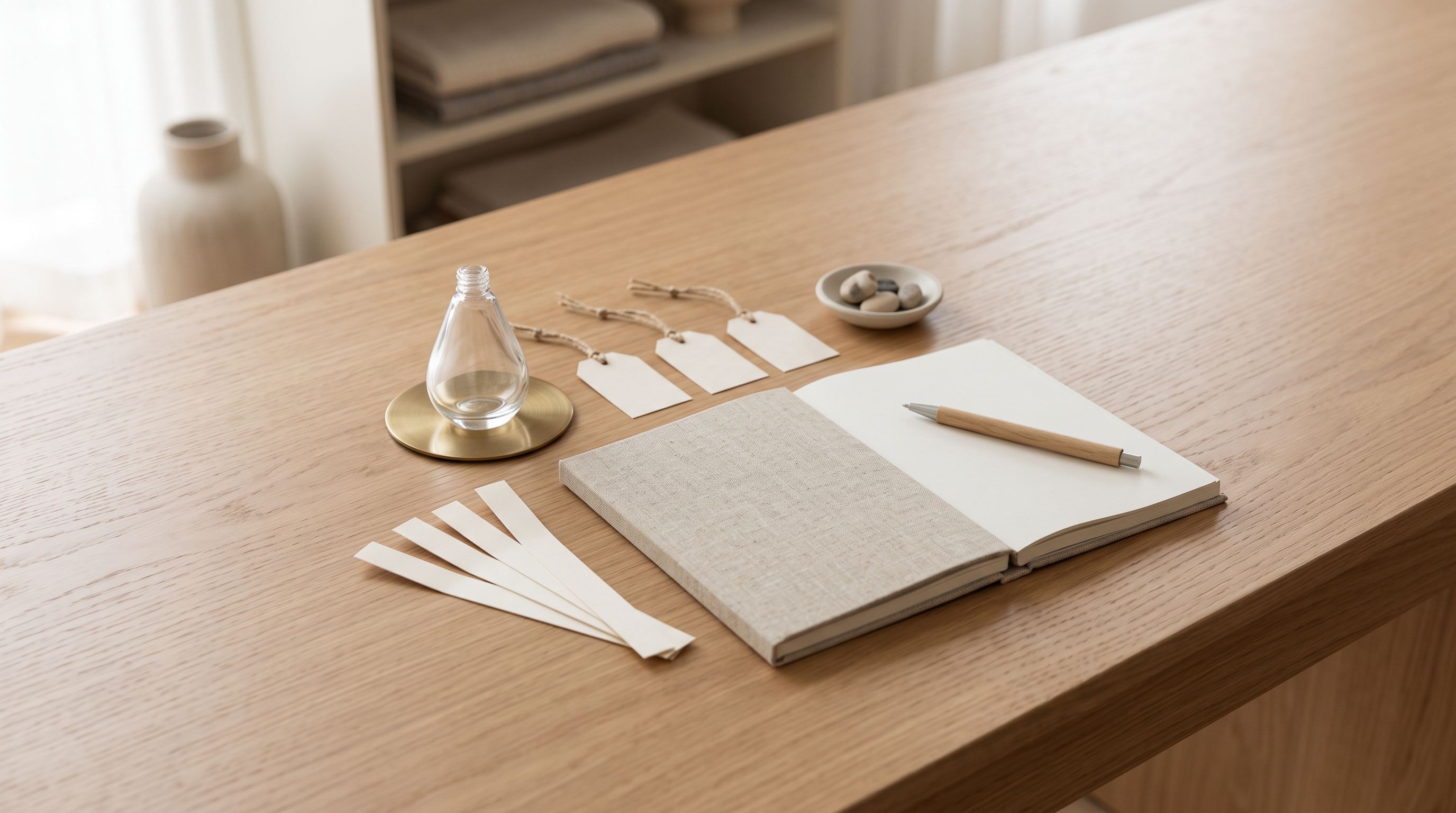 Perfume note cards beside a structured wear-test journal