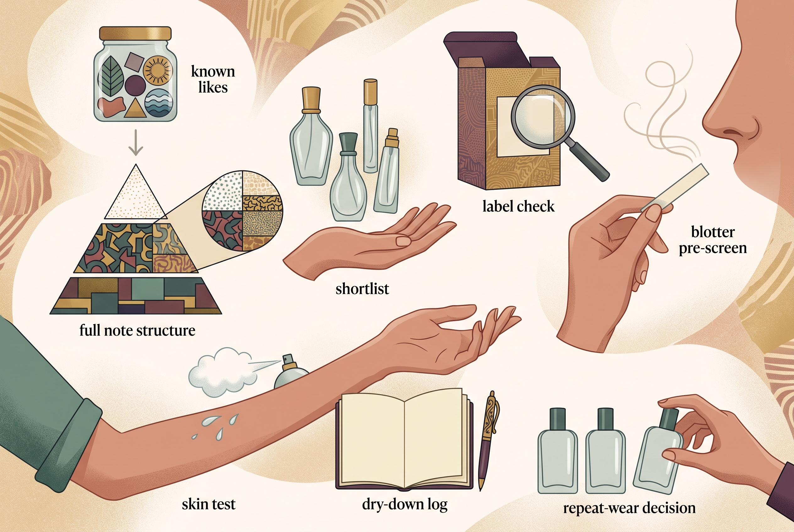 Perfume matching workflow from known notes to repeat-wear decision