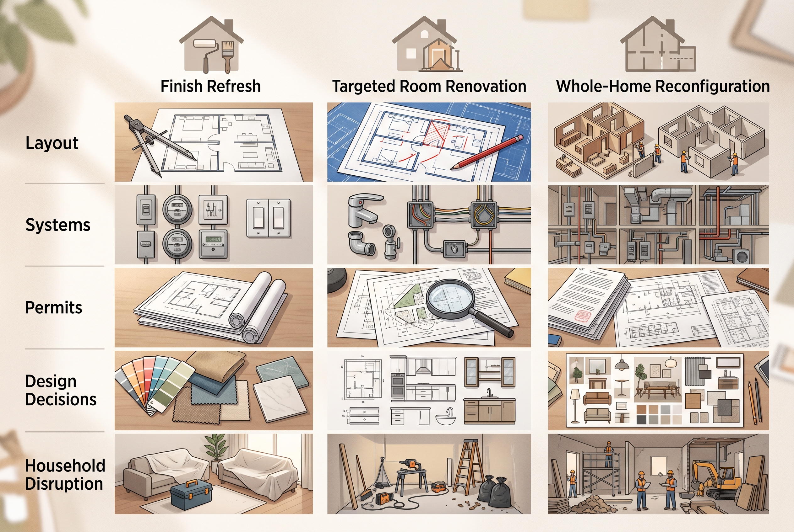 Residential renovation decision matrix comparing refresh targeted room and whole-home scopes across layout systems permits and disruption