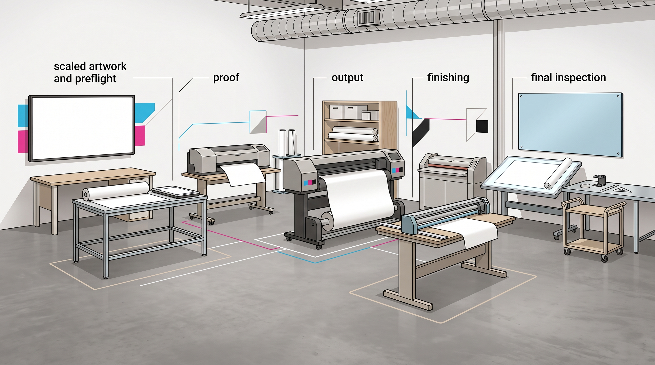 Large format digital printing workflow from artwork to inspection