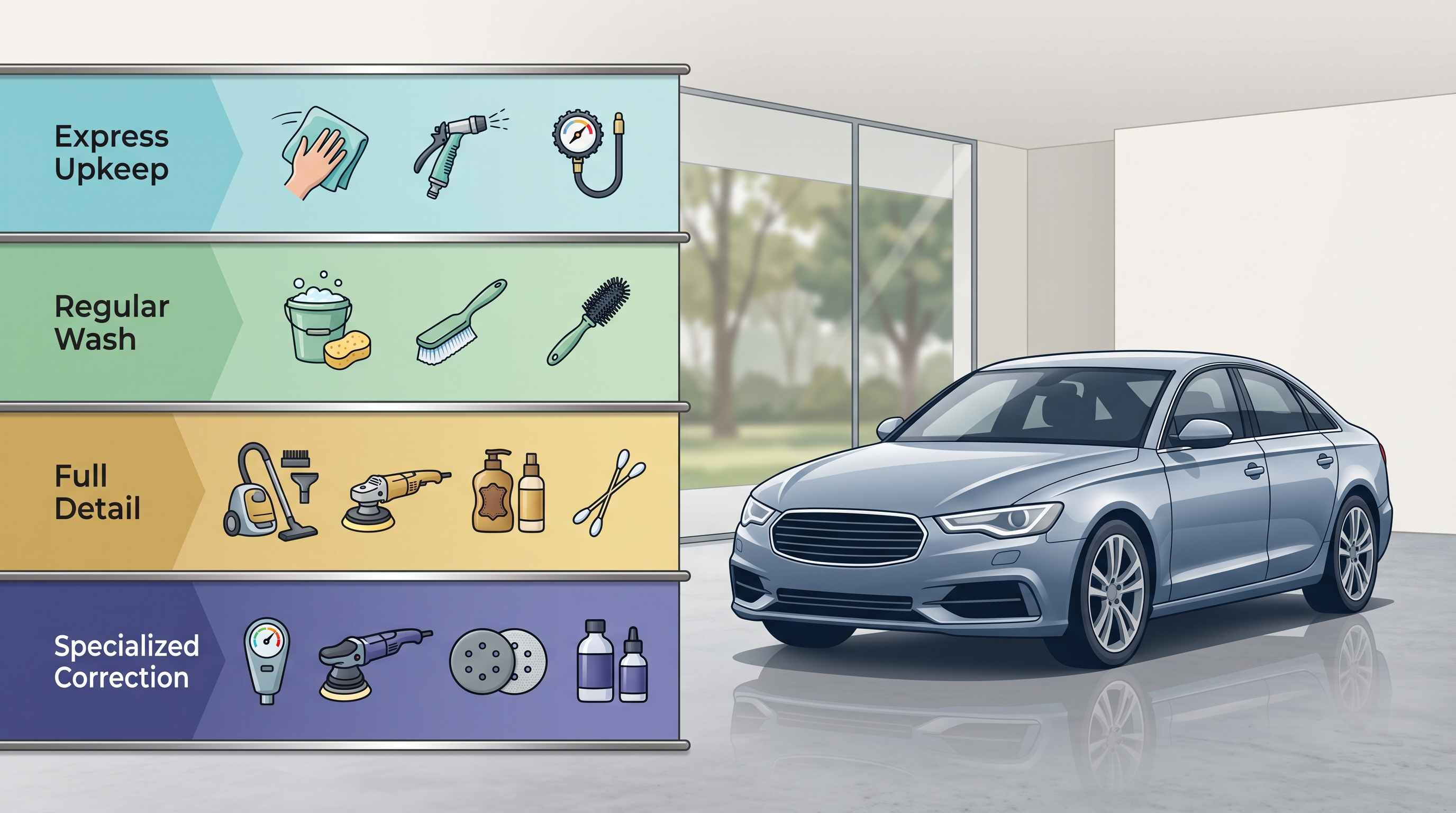 Express car detailing scope compared with other vehicle care levels