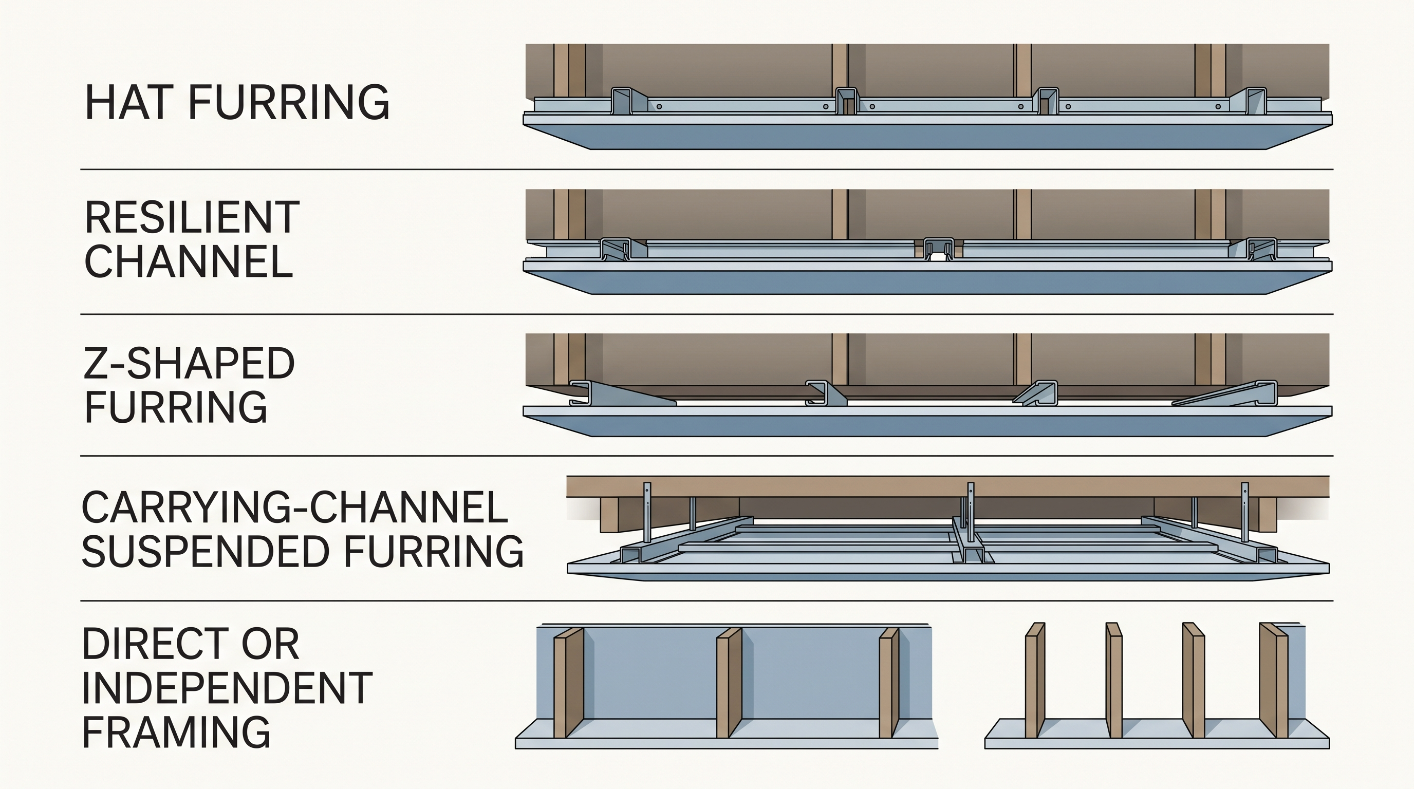 Comparison of hat furring resilient channel Z furring suspended channels and direct framing