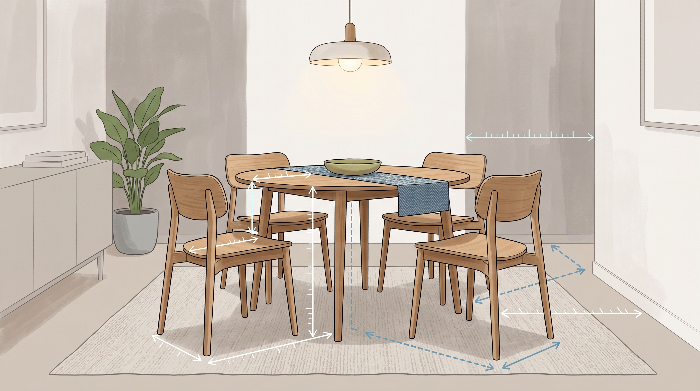 Dining chair and table fit shown through clearance and pull-out planning overlays