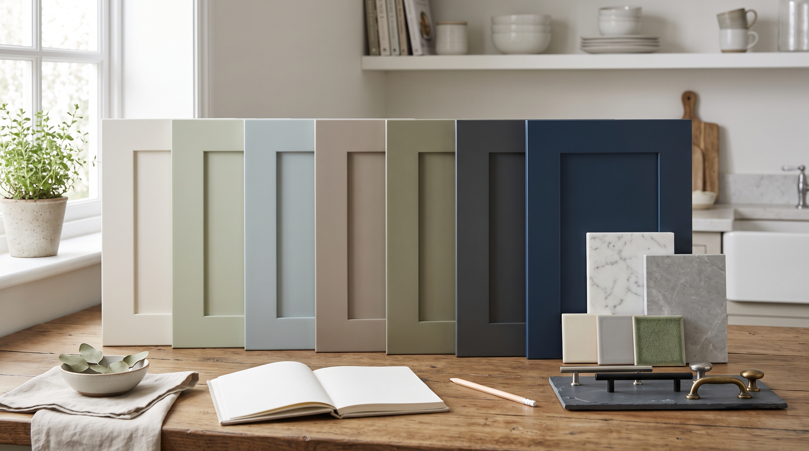 Seven cabinet colour samples compared with countertop backsplash flooring and hardware