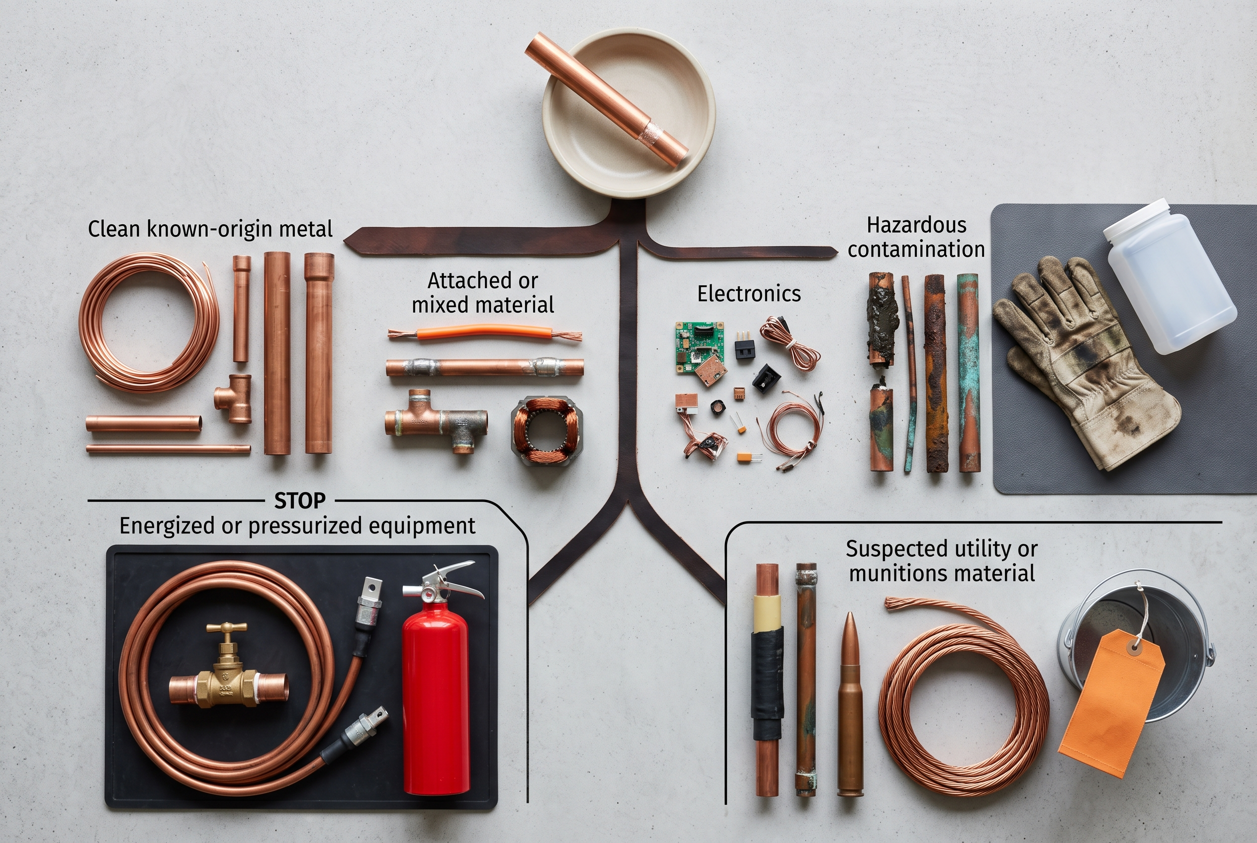 Copper recycling acceptance decision tree with safety and ownership stop conditions