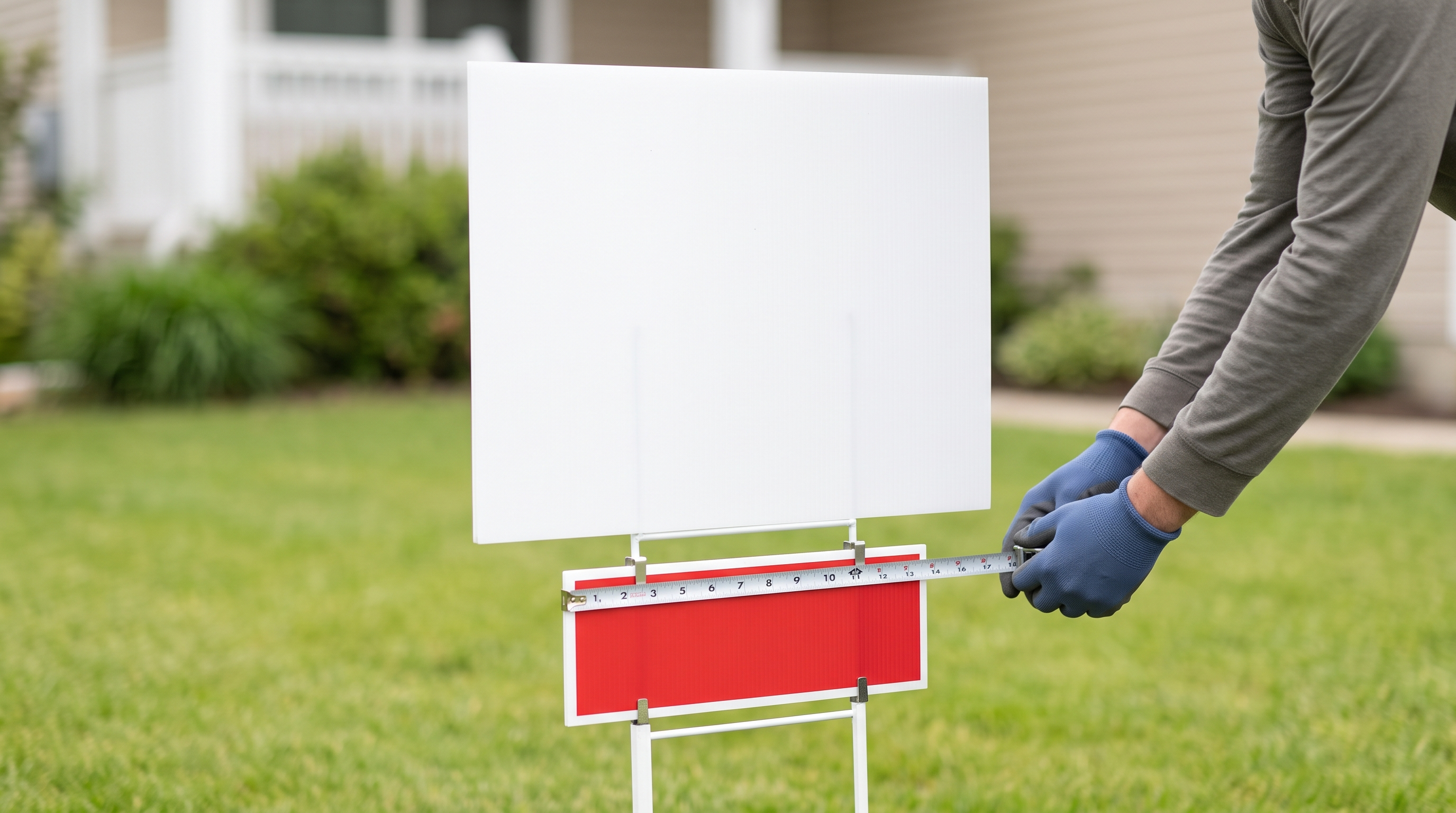 Generic sold sign rider being measured against an unbranded real estate listing sign