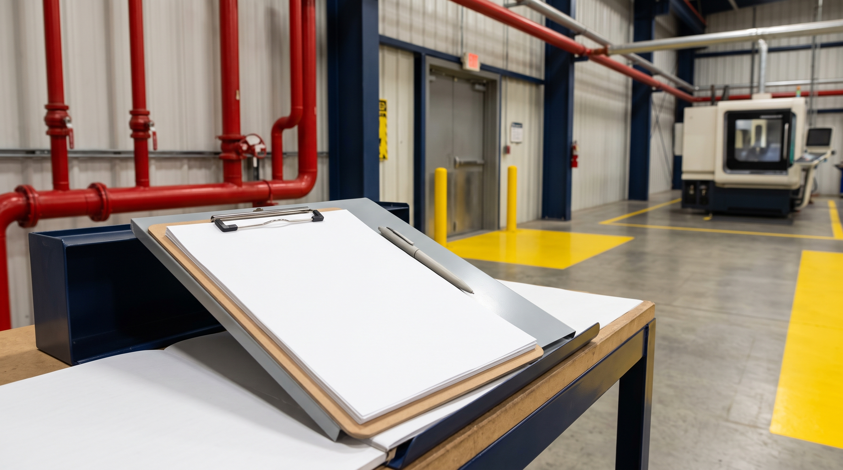 Workplace safety lead reviewing sign locations sightlines and changing hazards during a facility walk-through