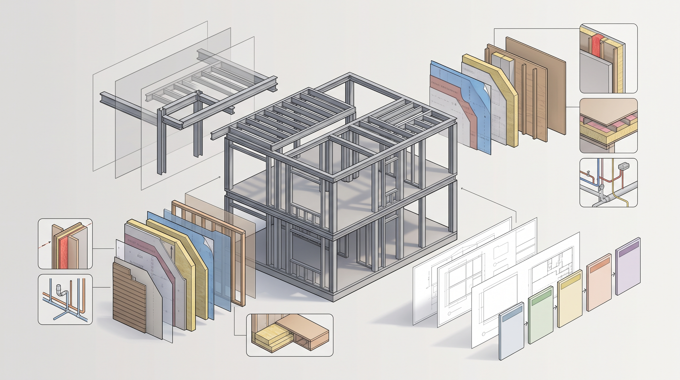 Design team planning a steel frame home across structure envelope services and construction documents