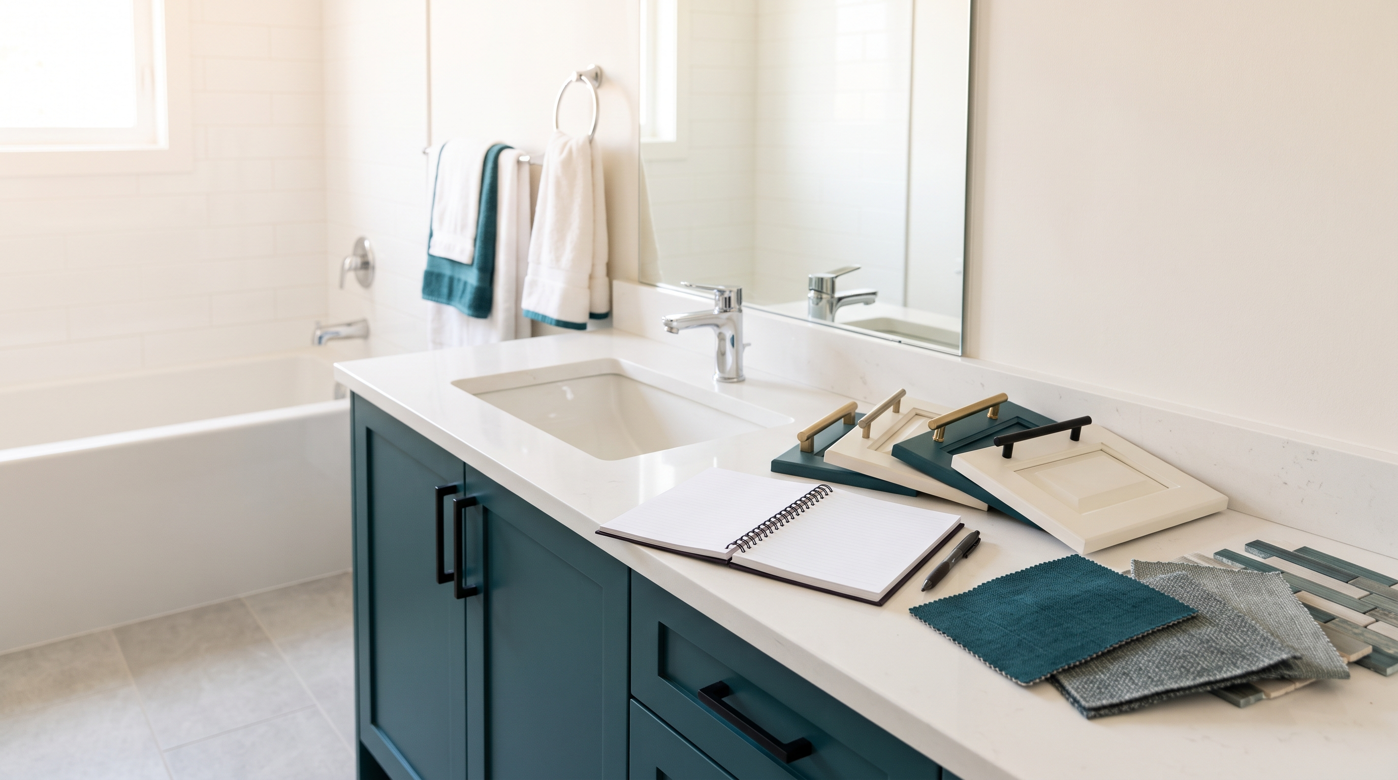 Generic Toronto bathroom vanity with finish samples and a cabinet refinishing planning checklist