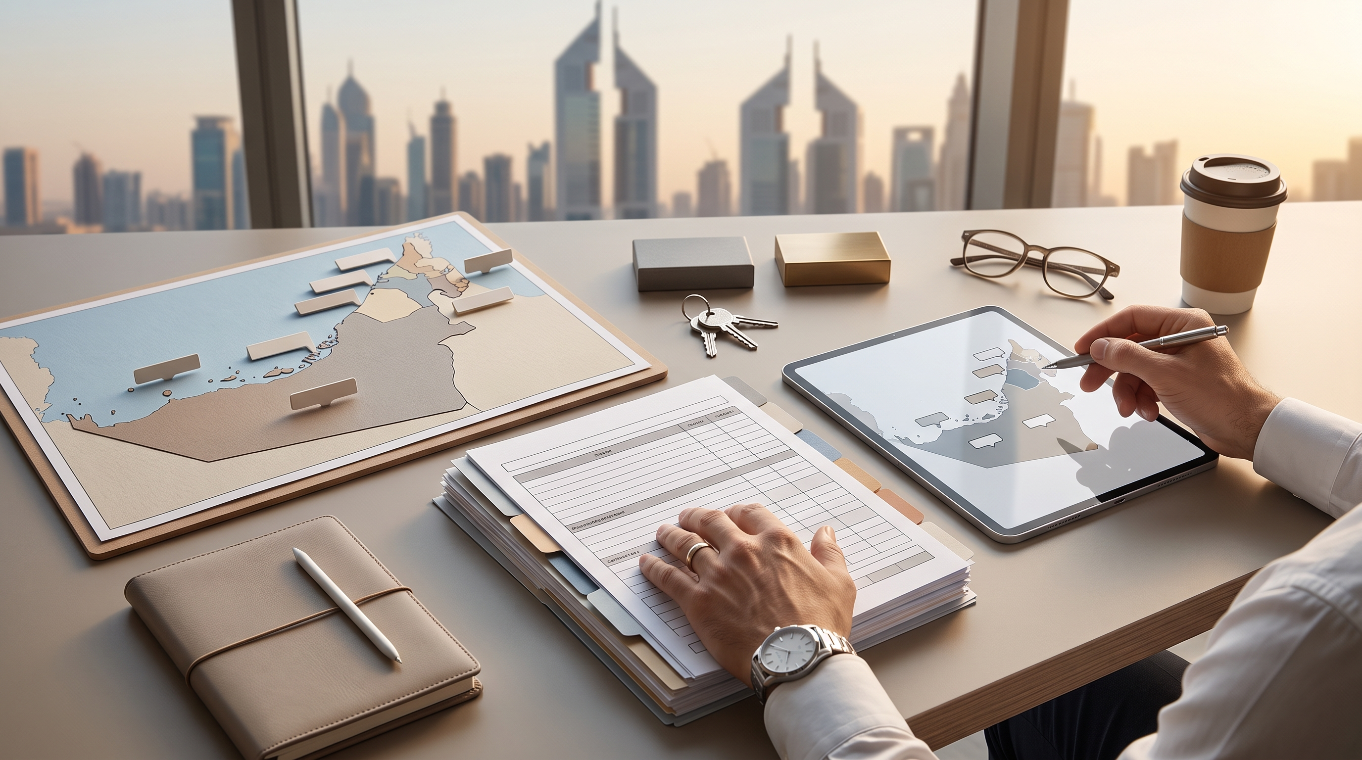 UAE property due diligence checklist beside generic skyline plans