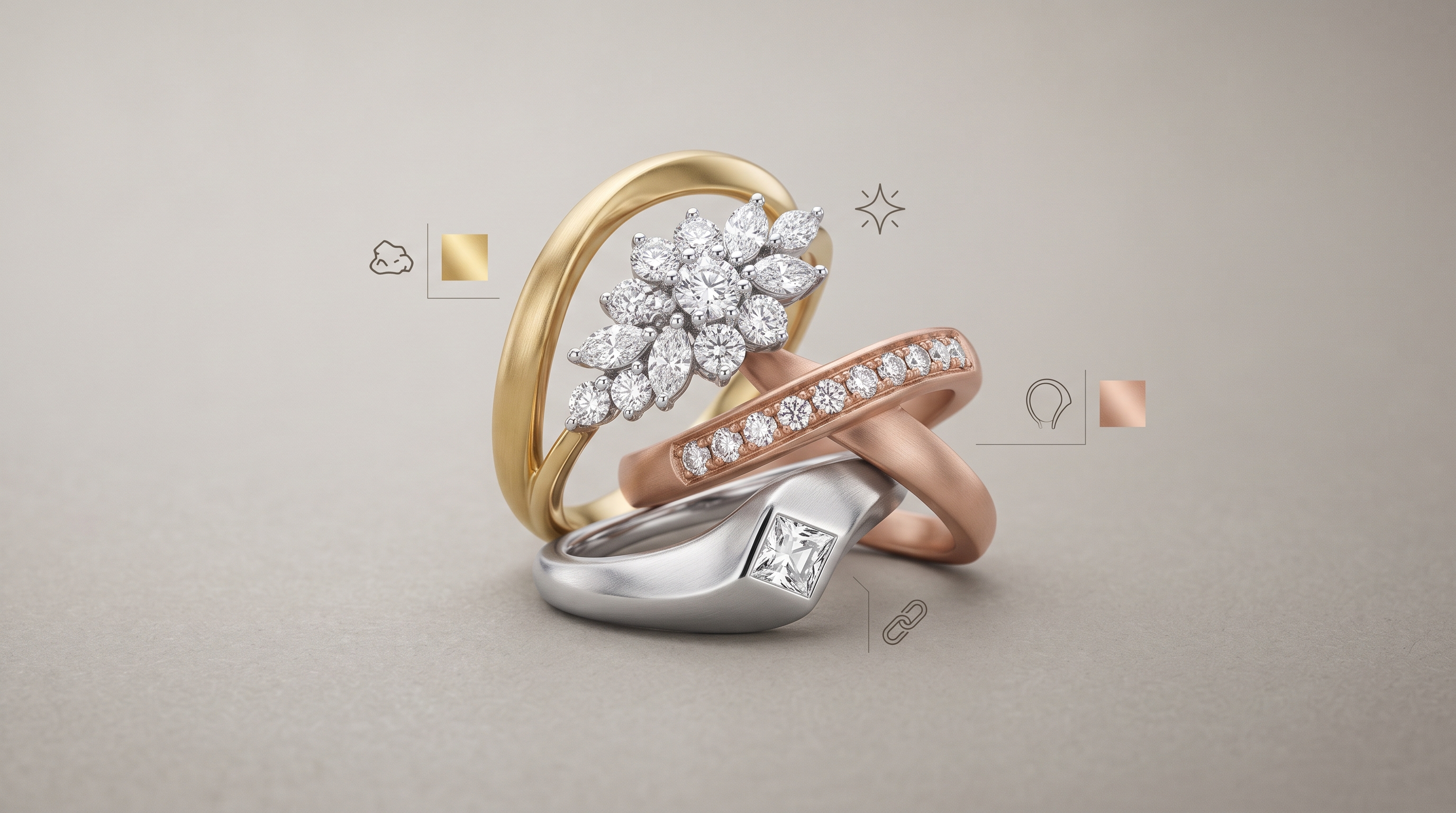 Generic gold and diamond jewelry forms illustrating how metal color setting and stones work together