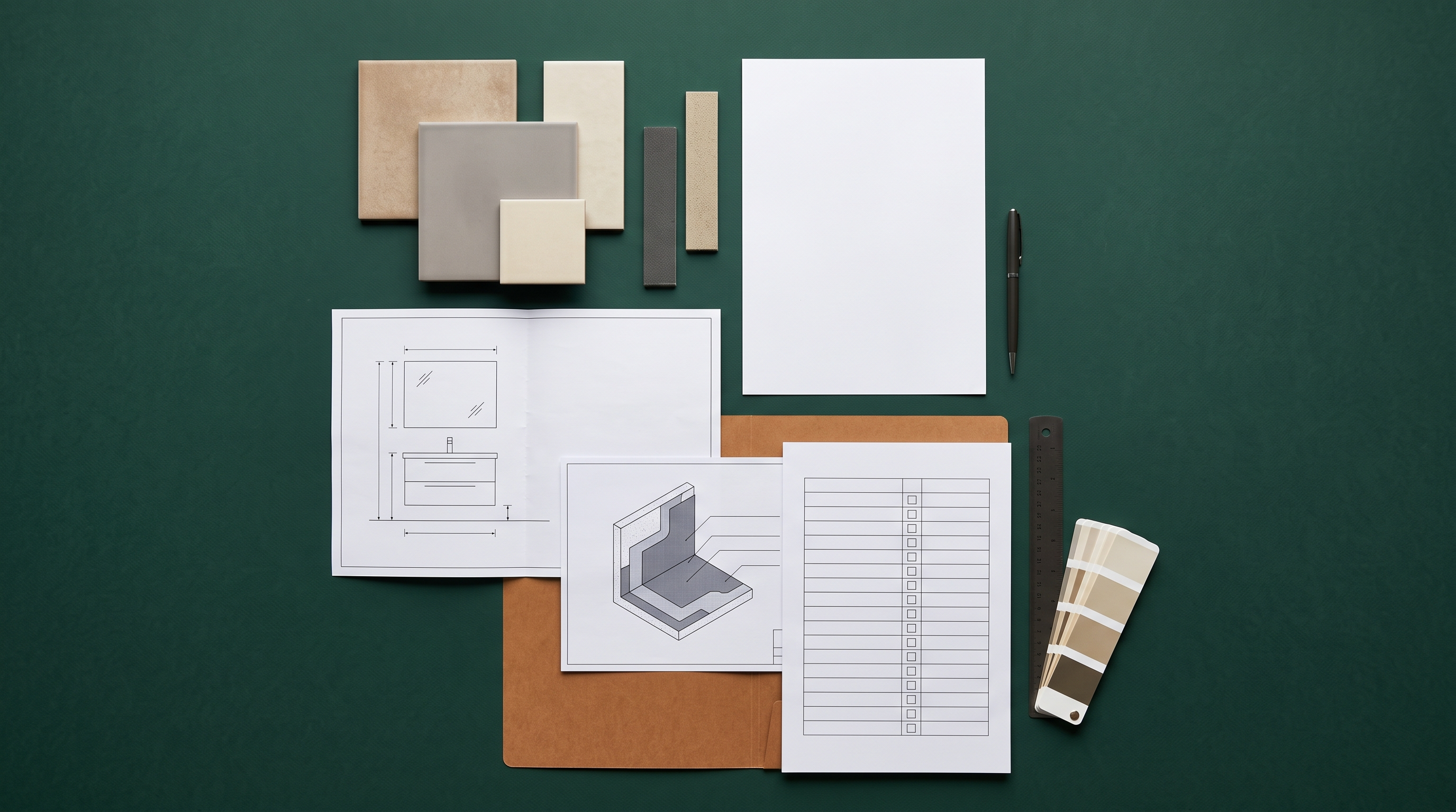 Bathroom renovation scope sheet tile samples vanity drawing and waterproofing details arranged for comparison