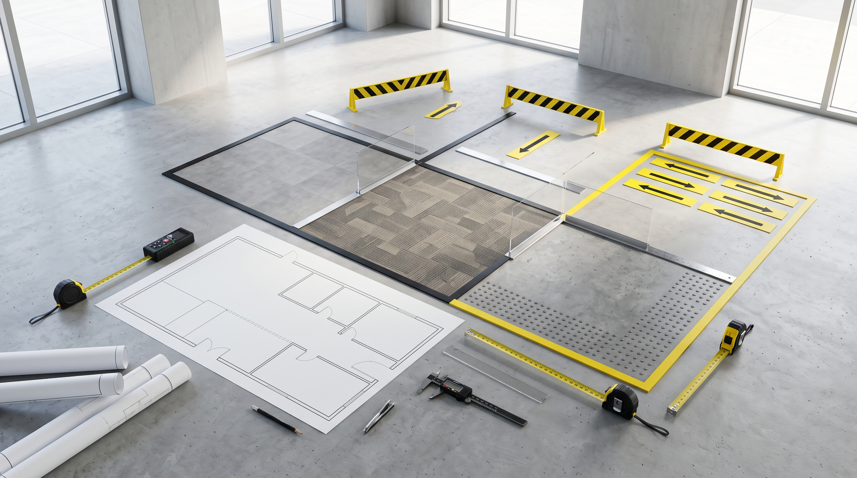 Commercial flooring samples and room plan prepared for installer comparison