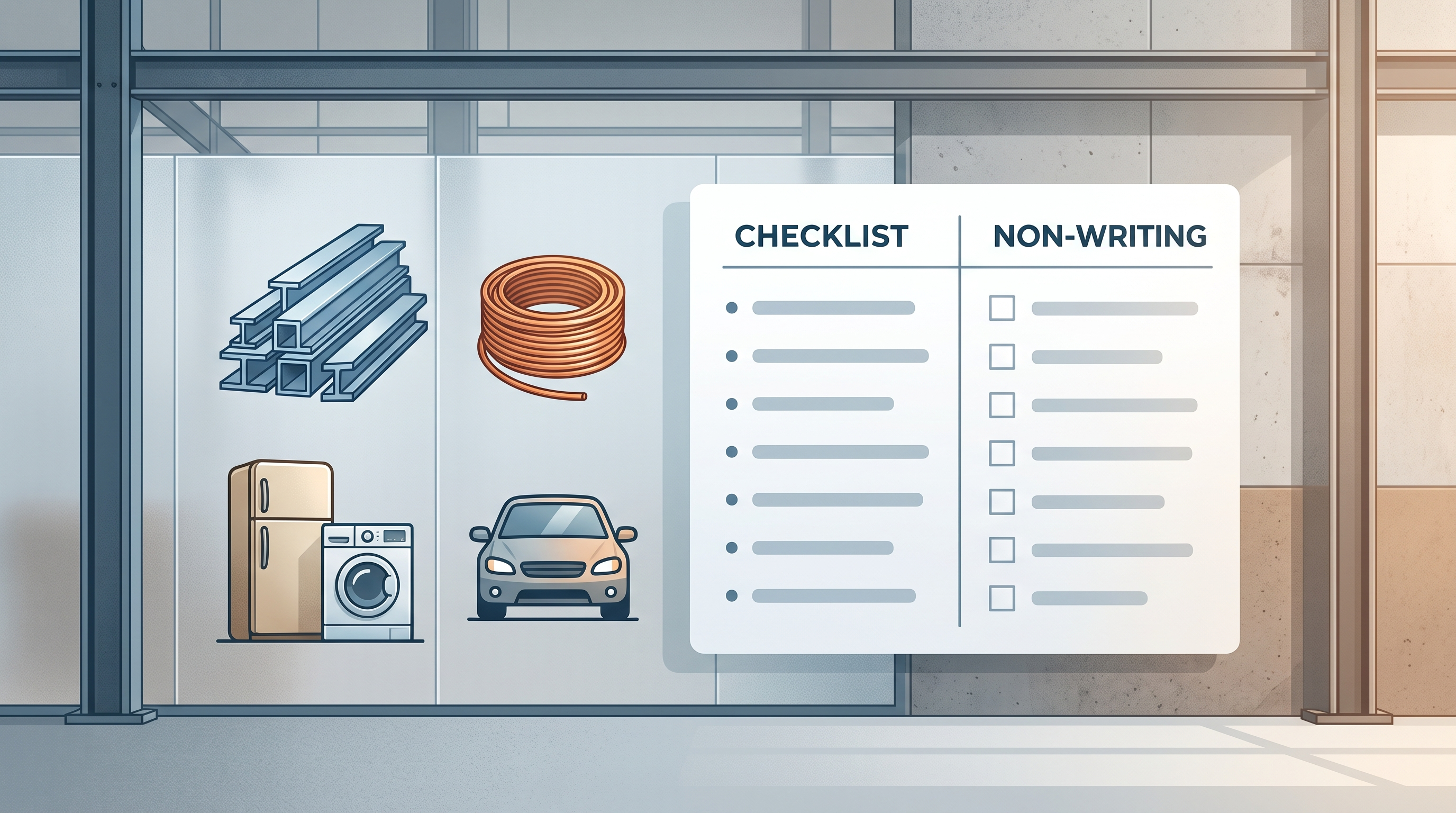 Sorted generic scrap items beside a pickup and drop-off comparison checklist