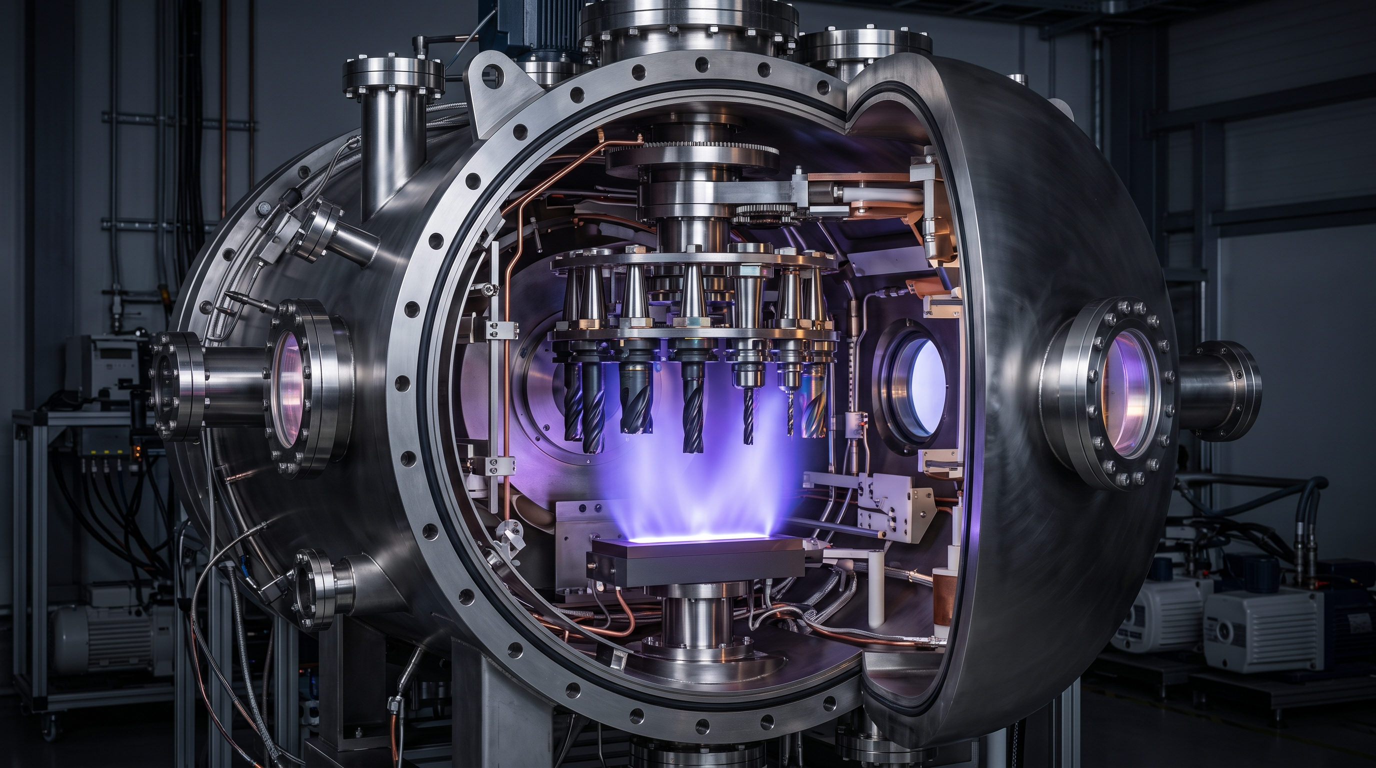 Industrial parts arranged on fixtures inside a generic physical vapor deposition vacuum chamber