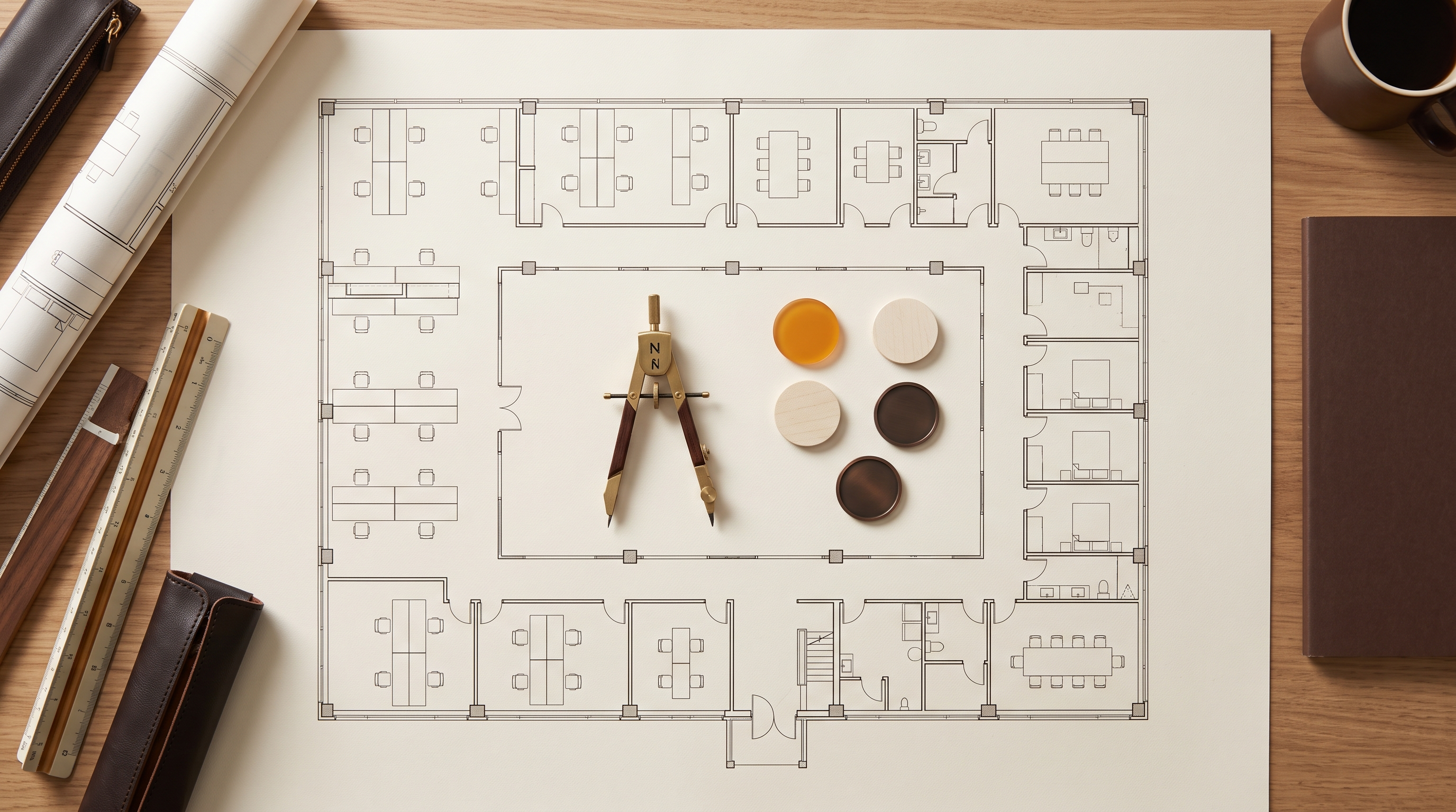Generic office floor plan marked with seven belief-based vaastu review points
