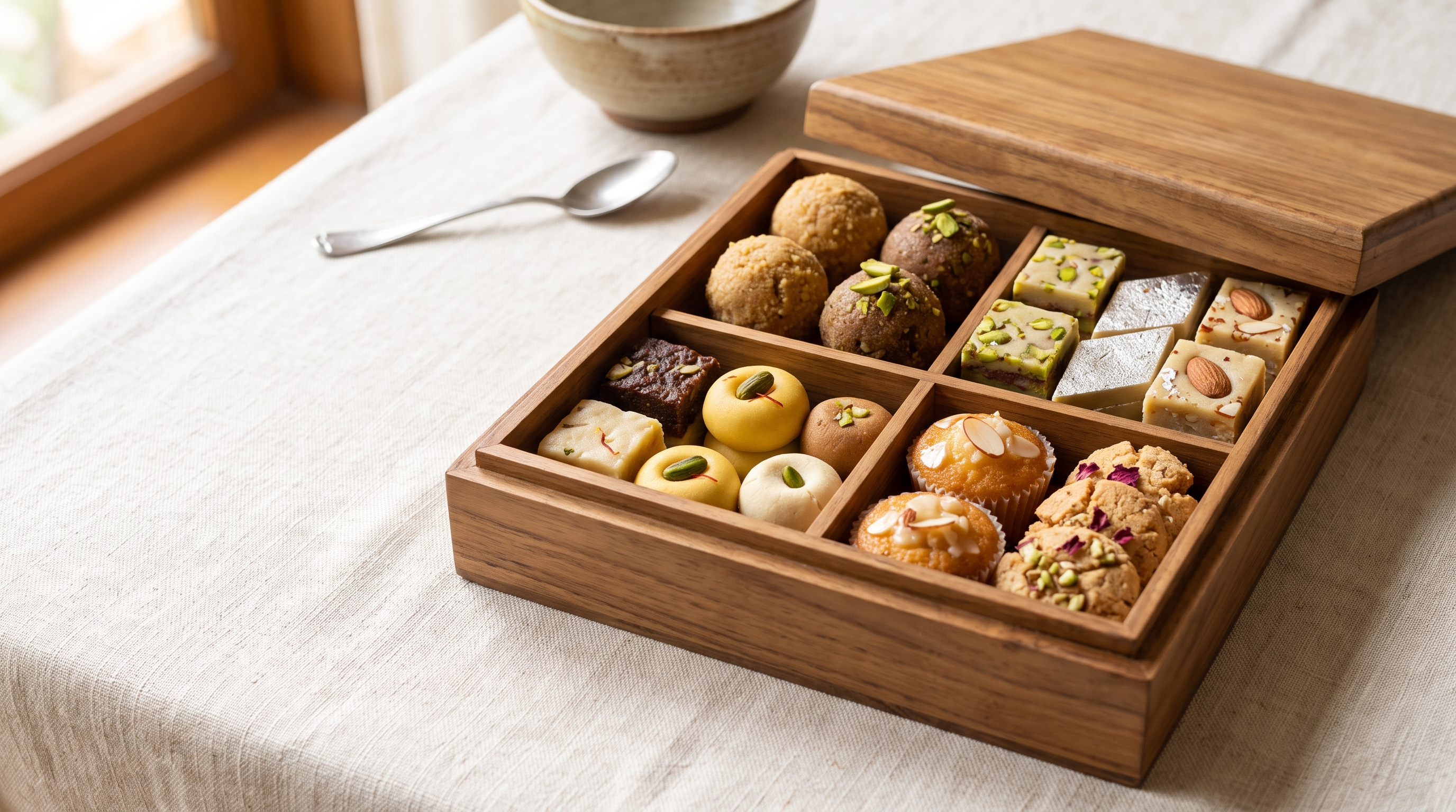 Varied Indian dessert assortment showing contrasting shapes textures and colours