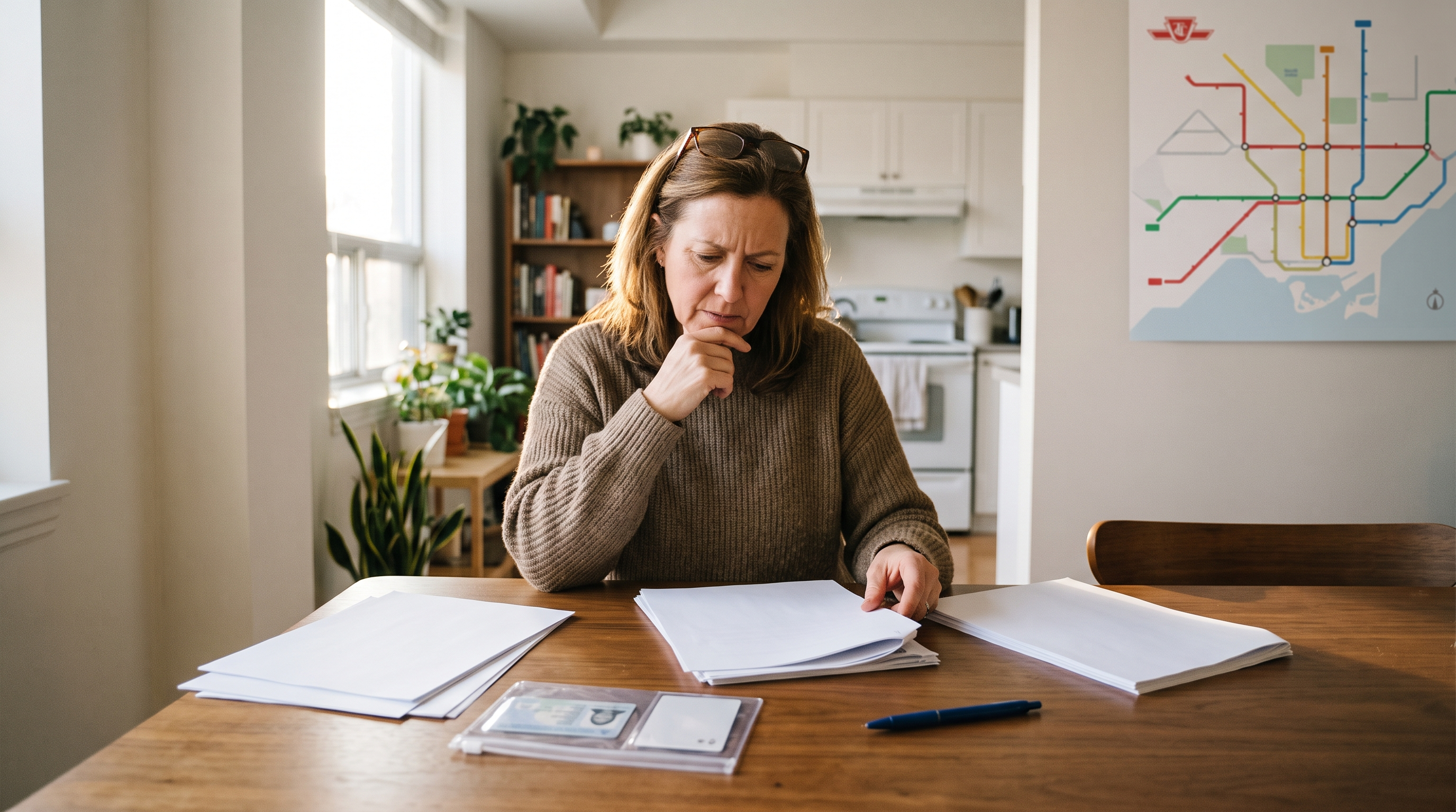 Person reviewing recipient instructions identification and unsigned documents before a Toronto notary appointment