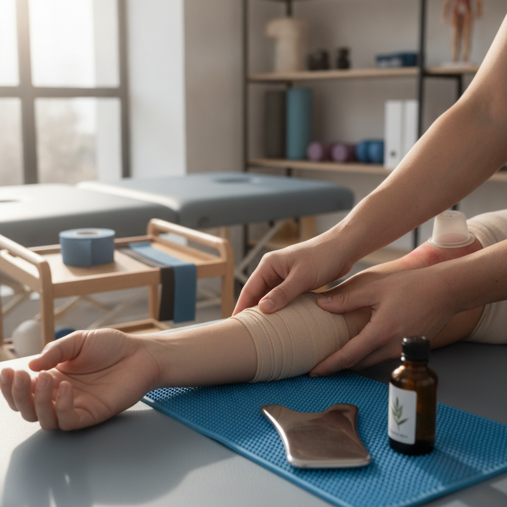 Close-up editorial detail related to physiotherapy Markham, authentic materials and process, realistic lighting, visually distinct composition, no tex