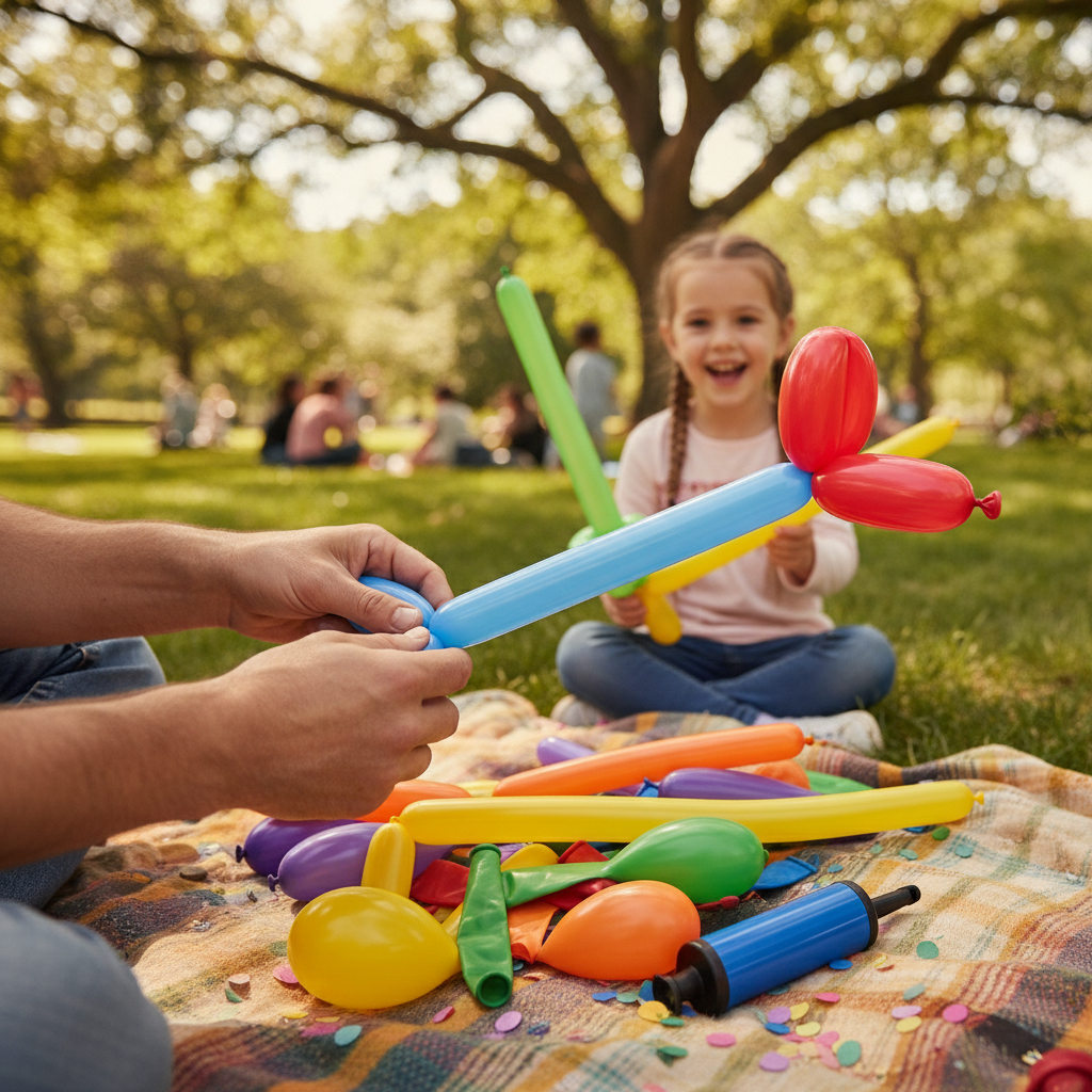 Close-up editorial detail related to balloon twisting for kids, authentic materials and process, realistic lighting, visually distinct composition, no