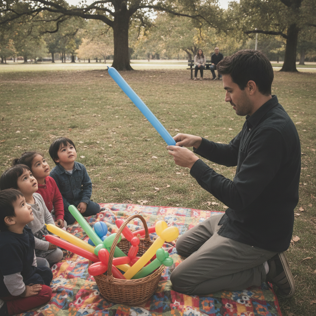 Practical real-world scene related to balloon twisting for kids, different perspective and setting, natural documentary style, no text, no labels, no