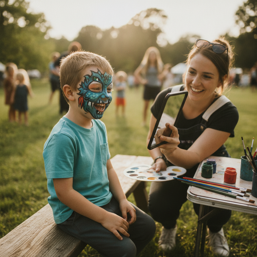 Practical real-world scene related to face painting designs for boys, different perspective and setting, natural documentary style, no text, no labels