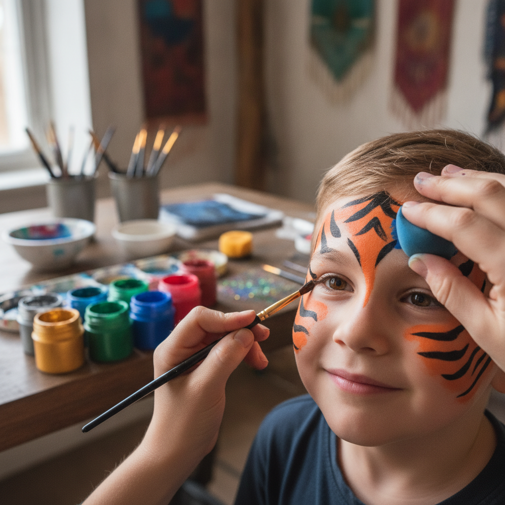 Close-up editorial detail related to face painting designs for boys, authentic materials and process, realistic lighting, visually distinct compositio
