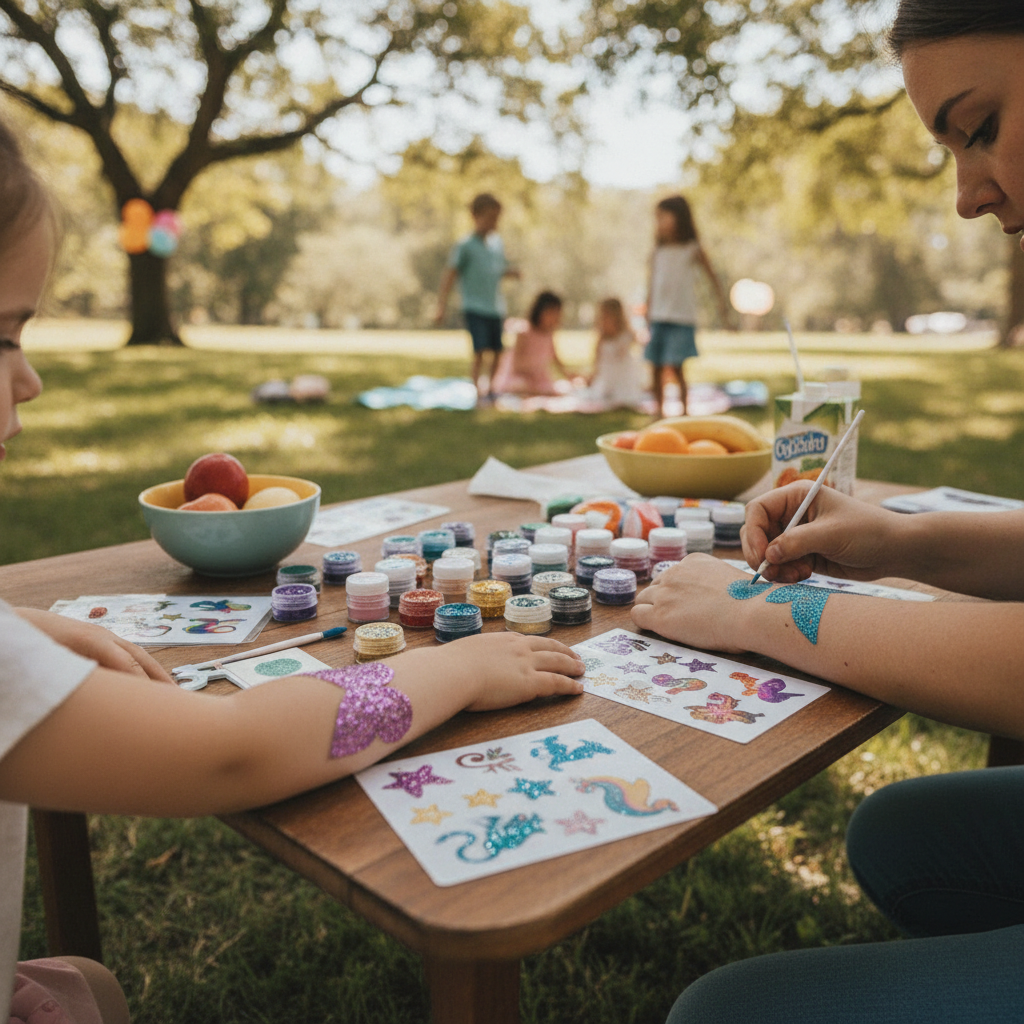 Practical real-world scene related to glitter tattoo party ideas, different perspective and setting, natural documentary style, no text, no labels, no