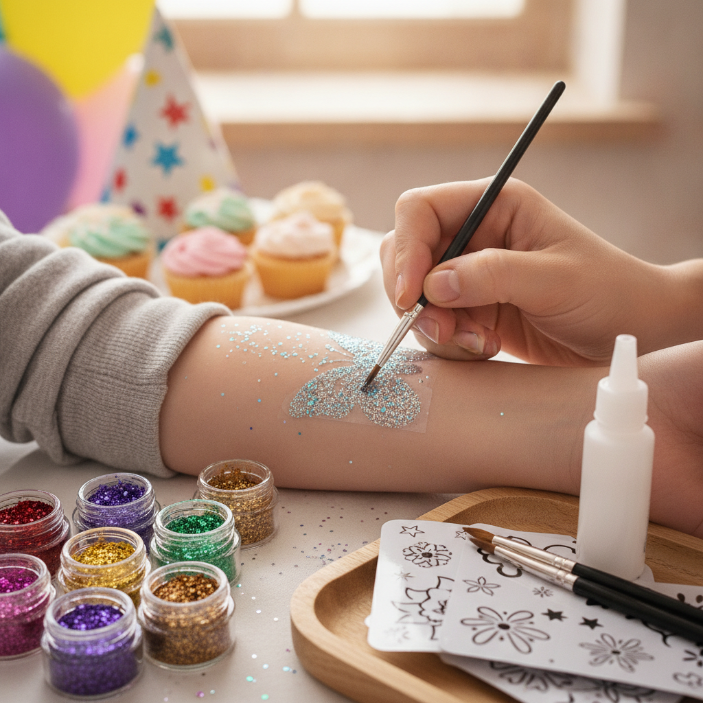 Close-up editorial detail related to glitter tattoo party ideas, authentic materials and process, realistic lighting, visually distinct composition, n