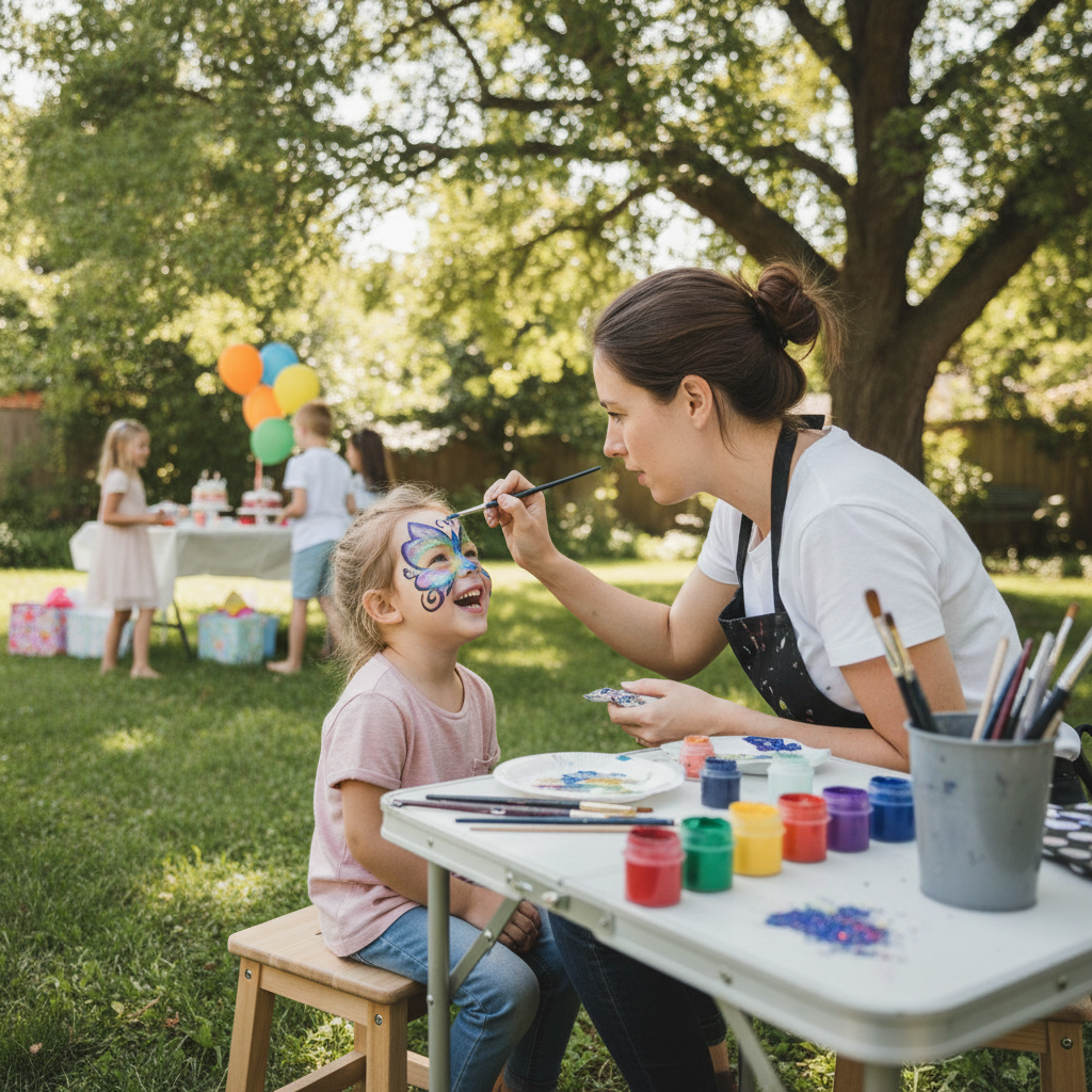 Practical real-world scene related to birthday party face painting, different perspective and setting, natural documentary style, no text, no labels,