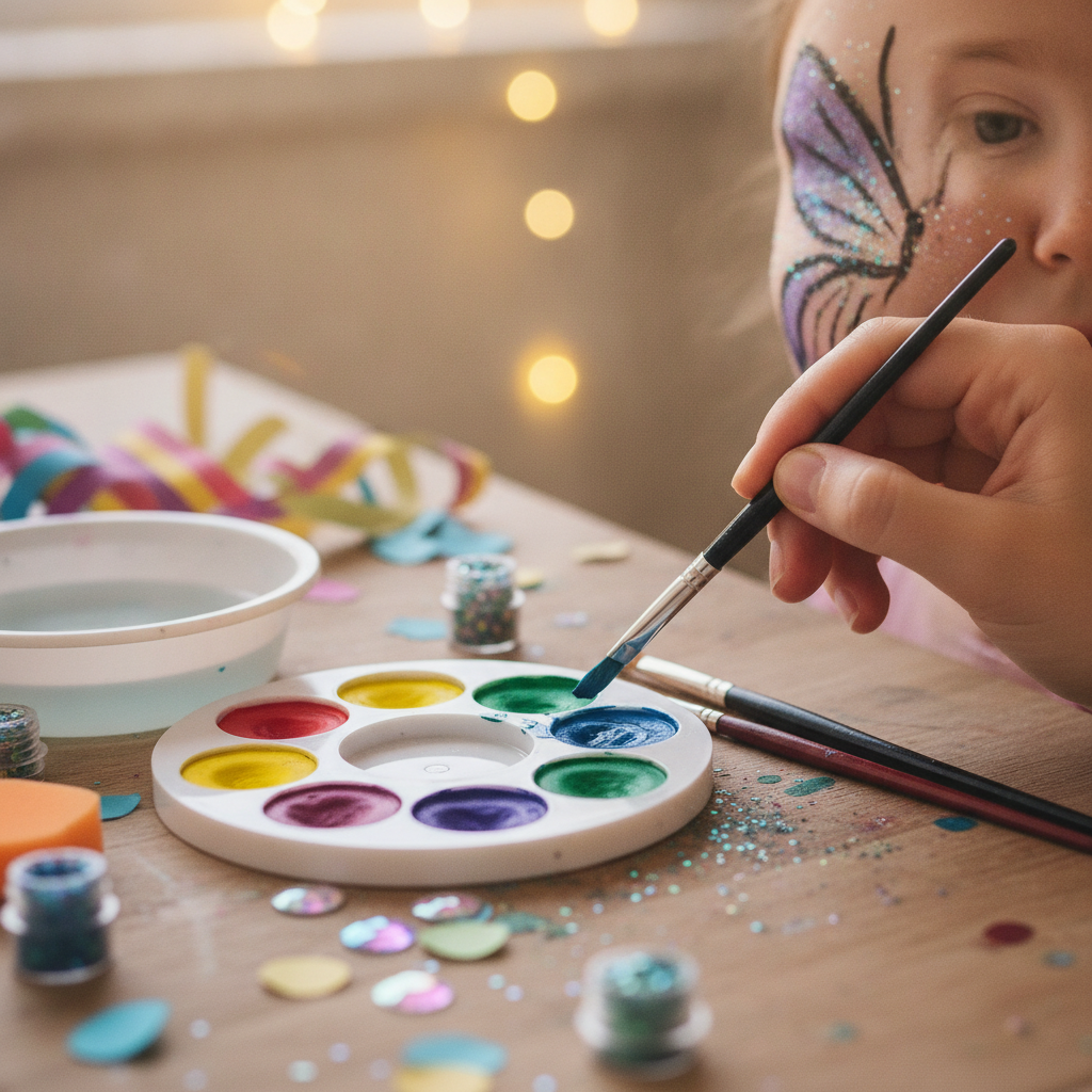 Close-up editorial detail related to birthday party face painting, authentic materials and process, realistic lighting, visually distinct composition,
