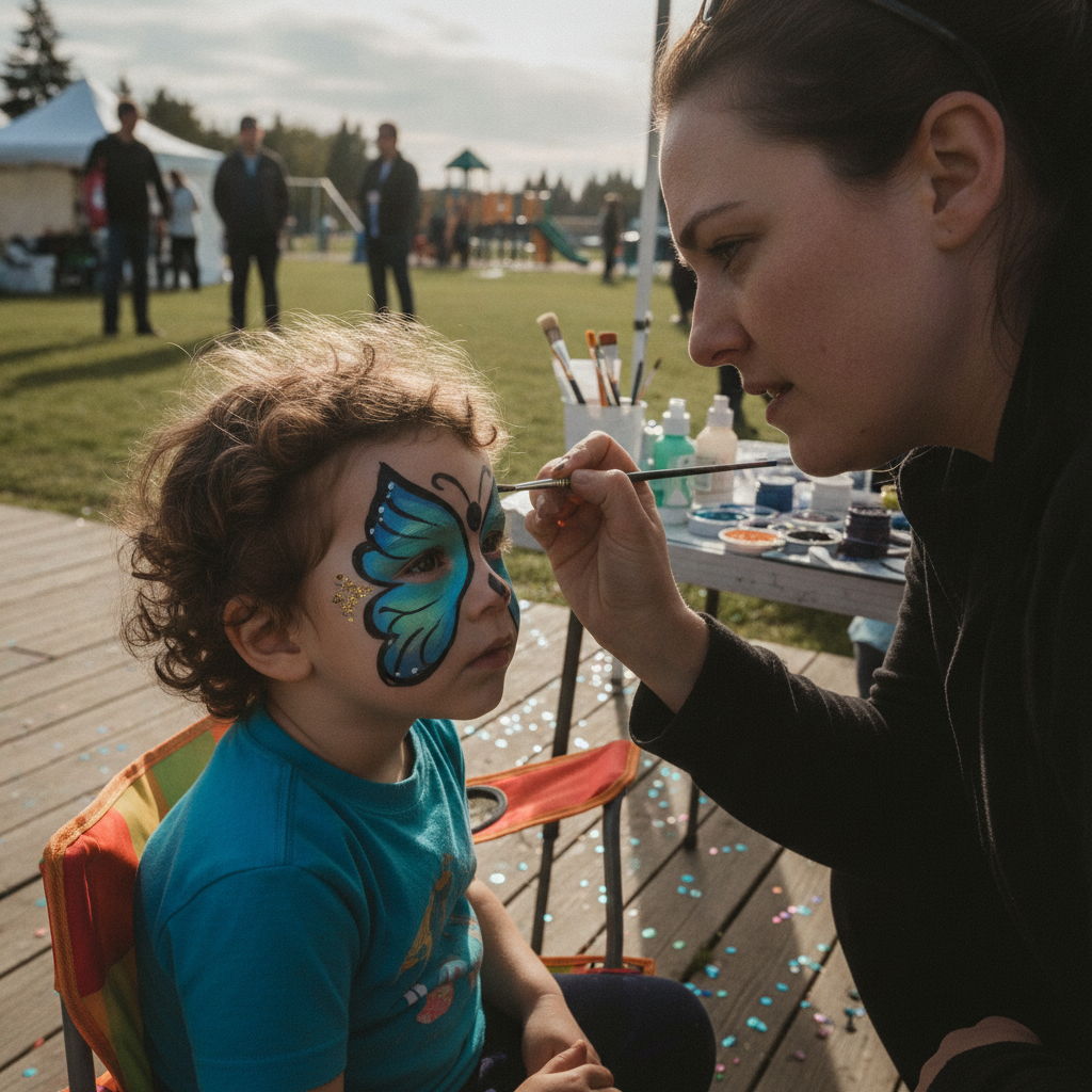 Practical real-world scene related to face painting Surrey BC, different perspective and setting, natural documentary style, no text, no labels, no wa