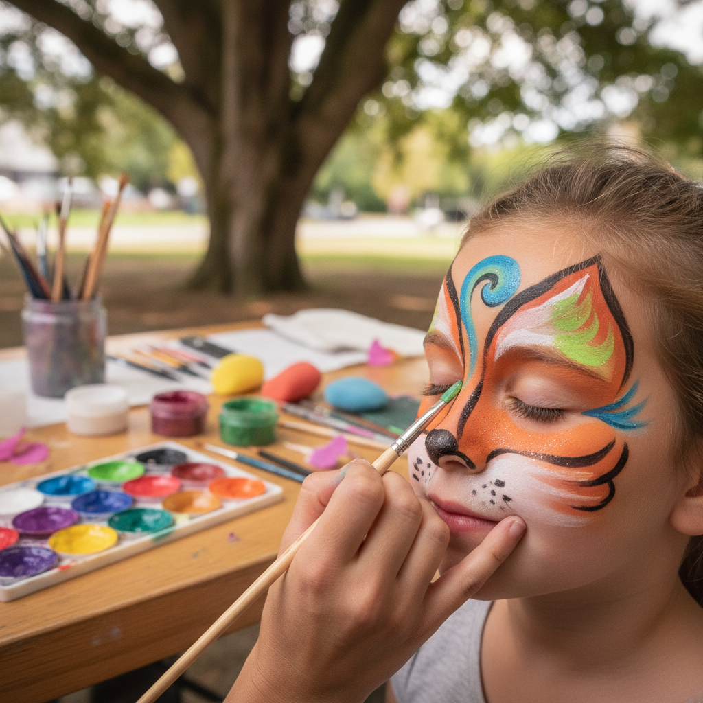 Close-up editorial detail related to face painting Surrey BC, authentic materials and process, realistic lighting, visually distinct composition, no t