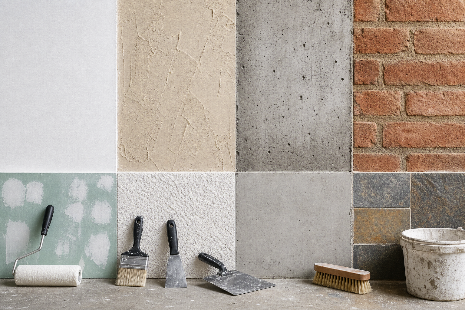 Surface types and special preparation notes (paint, plaster, concrete and exterior flags) — surface prep for wall printing